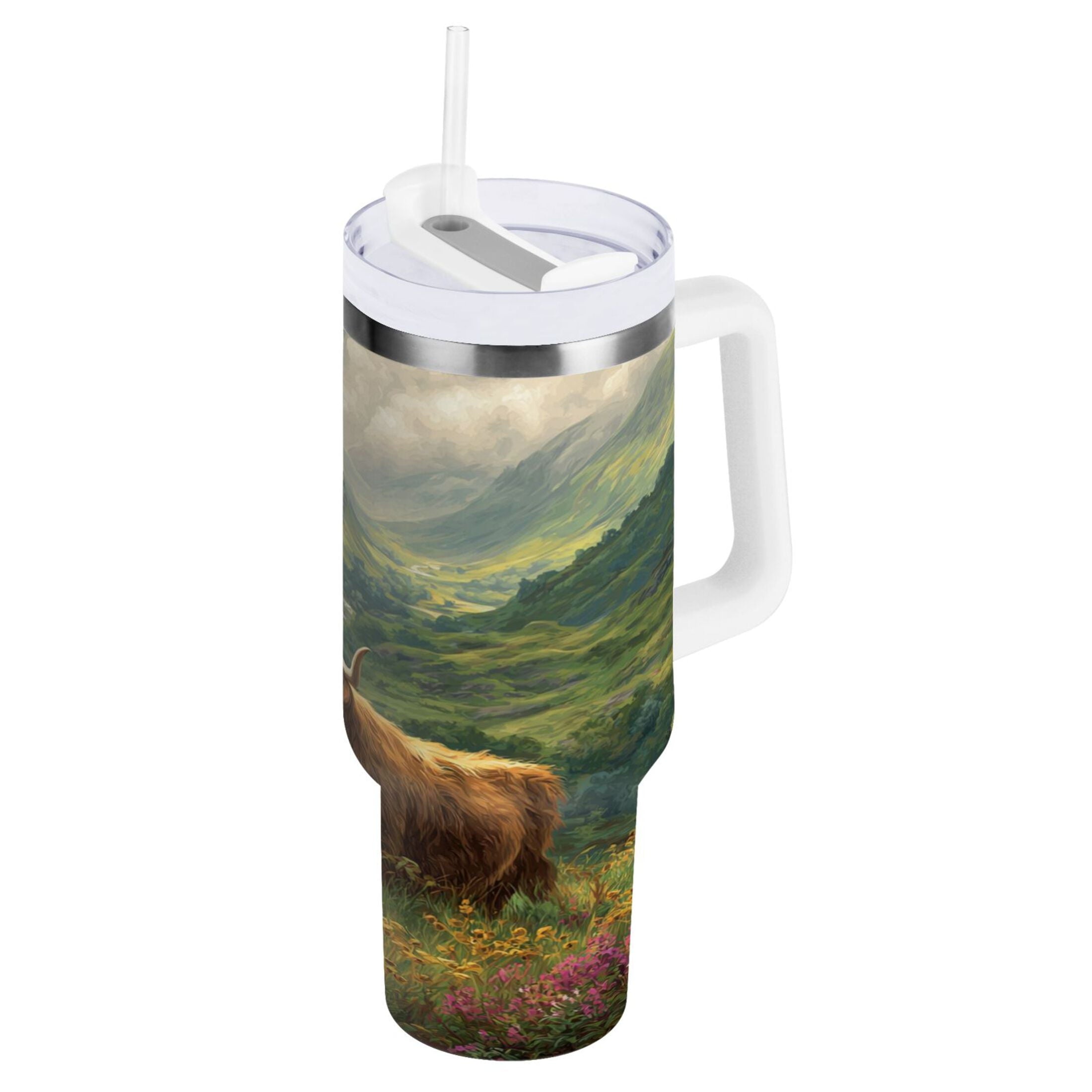 30 oz Insulated Stainless Steel Tumbler Double Wall Stainless Steel Tumbler with 2-Way Drinking Cow in Green Rolling Hills C586U
