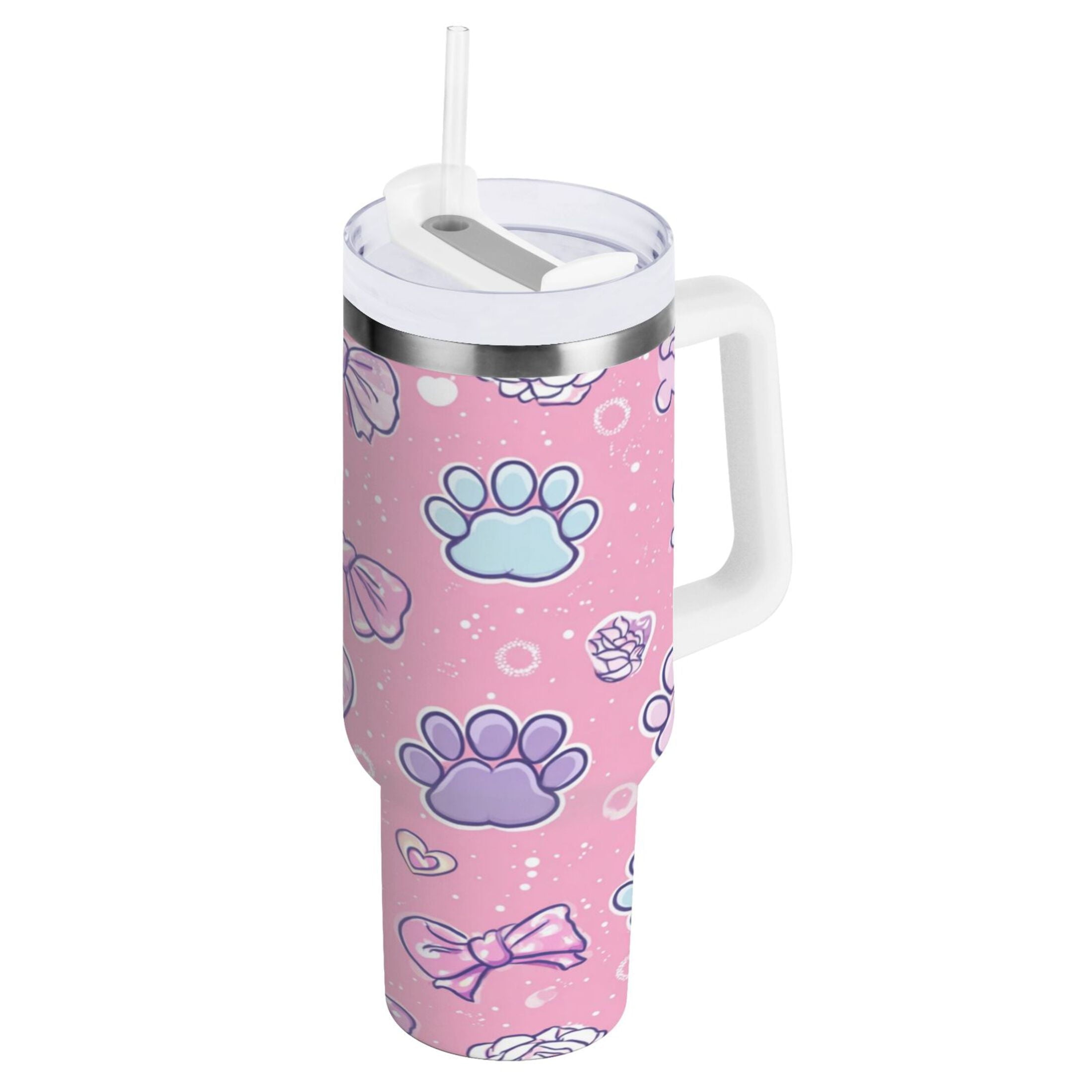 30 oz Insulated Stainless Steel Tumbler Double Wall Stainless Steel Tumbler with 2-Way Drinking Dog Paw Prints and Bows C648N
