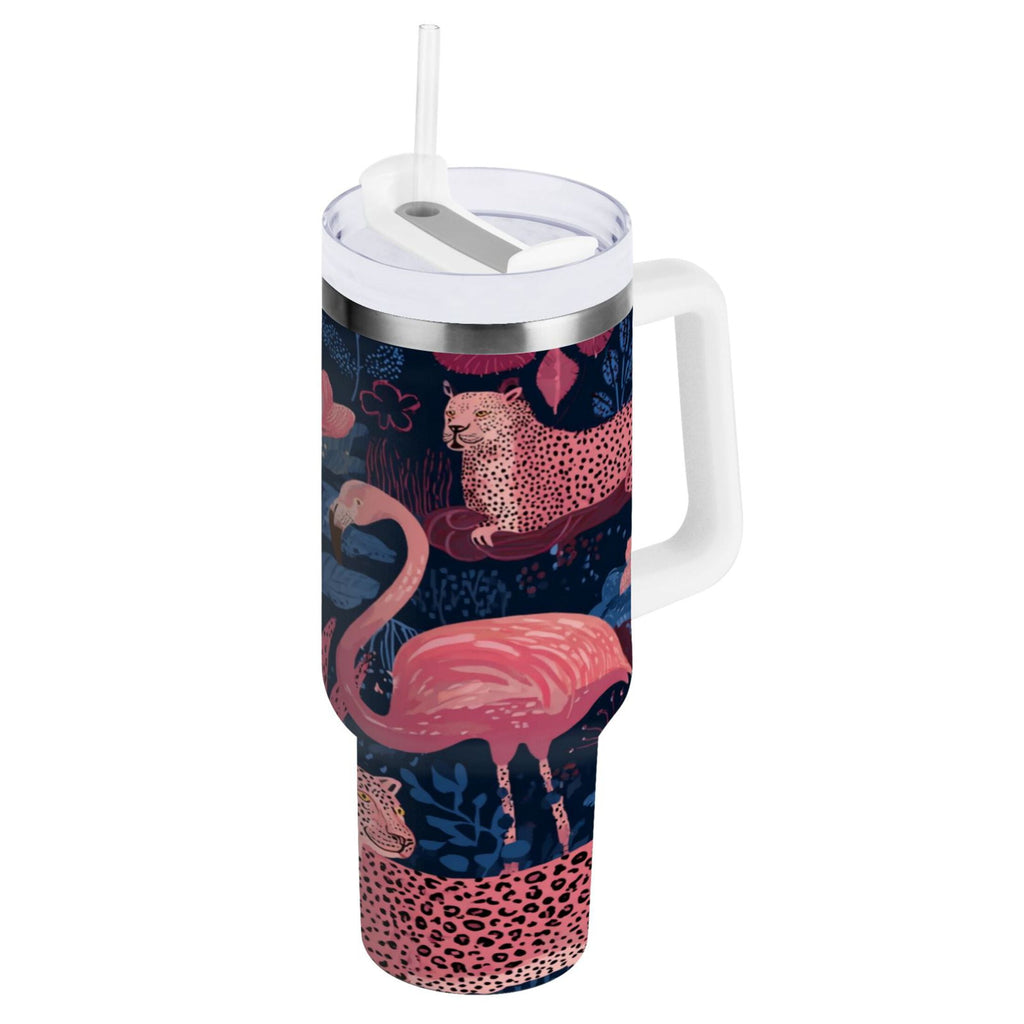 30 oz Insulated Stainless Steel Tumbler Double Wall Stainless Steel Tumbler with 2-Way Drinking Flamingos and Leopard Print C568F
