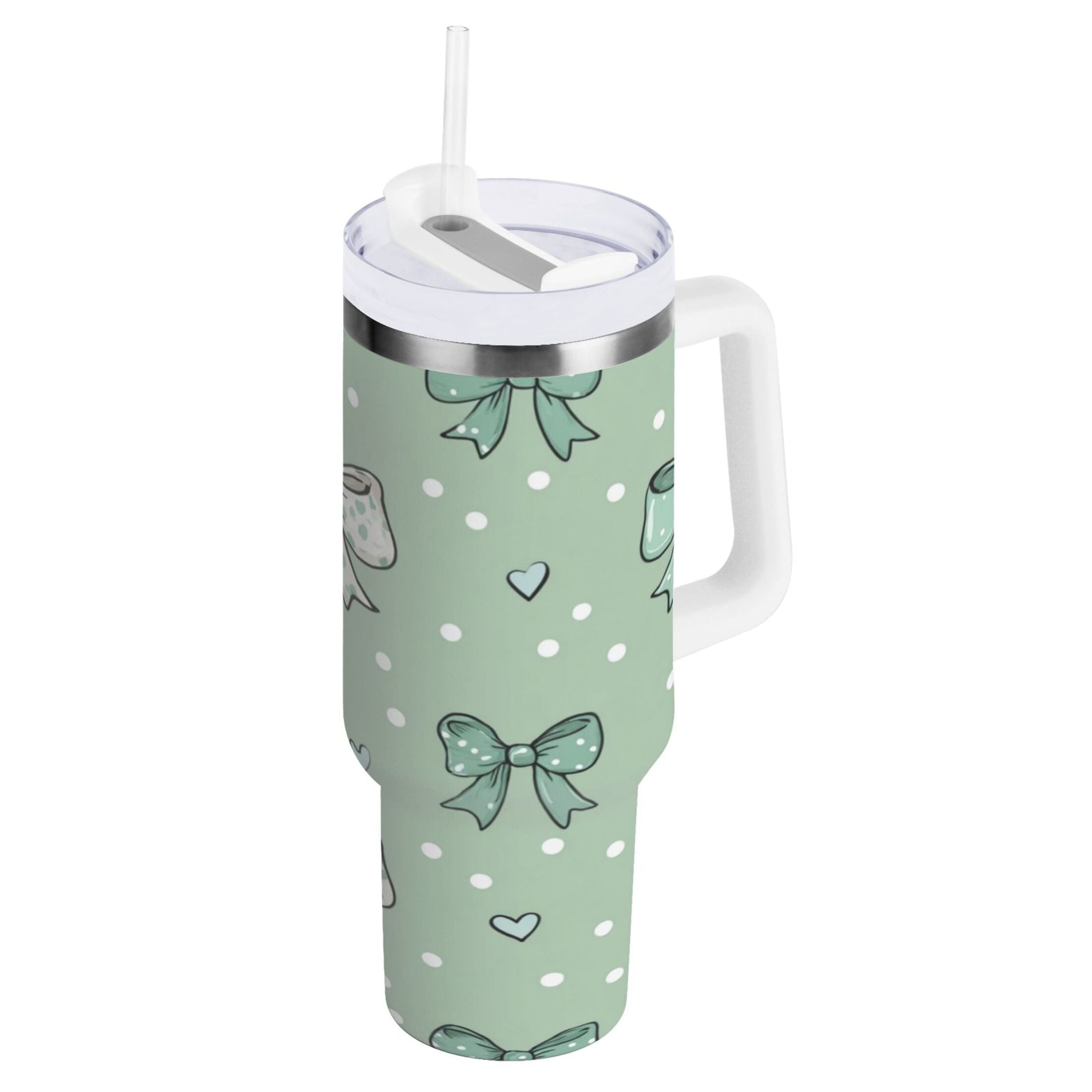 30 oz Insulated Stainless Steel Tumbler Double Wall Stainless Steel Tumbler with 2-Way Drinking Green and Mint Bows C559C