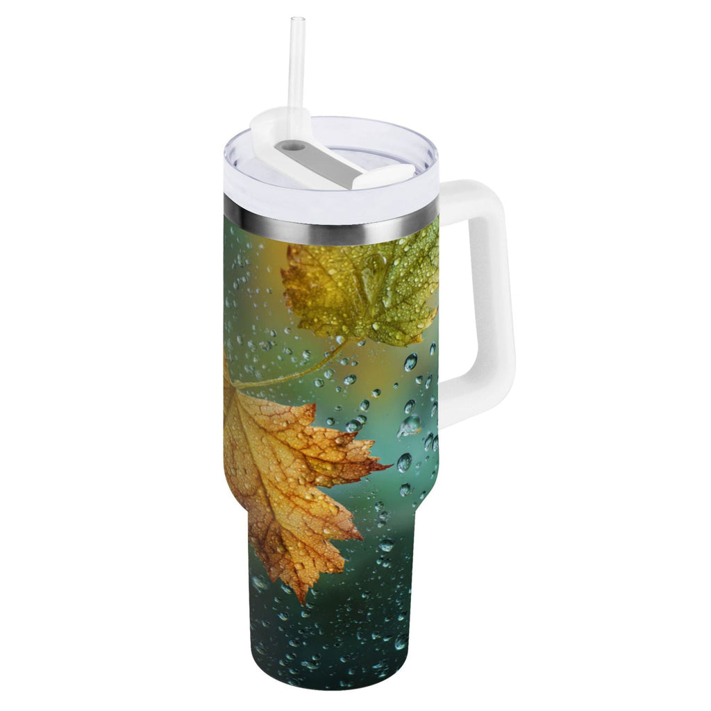 30 oz Insulated Stainless Steel Tumbler Double Wall Stainless Steel Tumbler with 2-Way Drinking Leaves with Water Droplets C500K