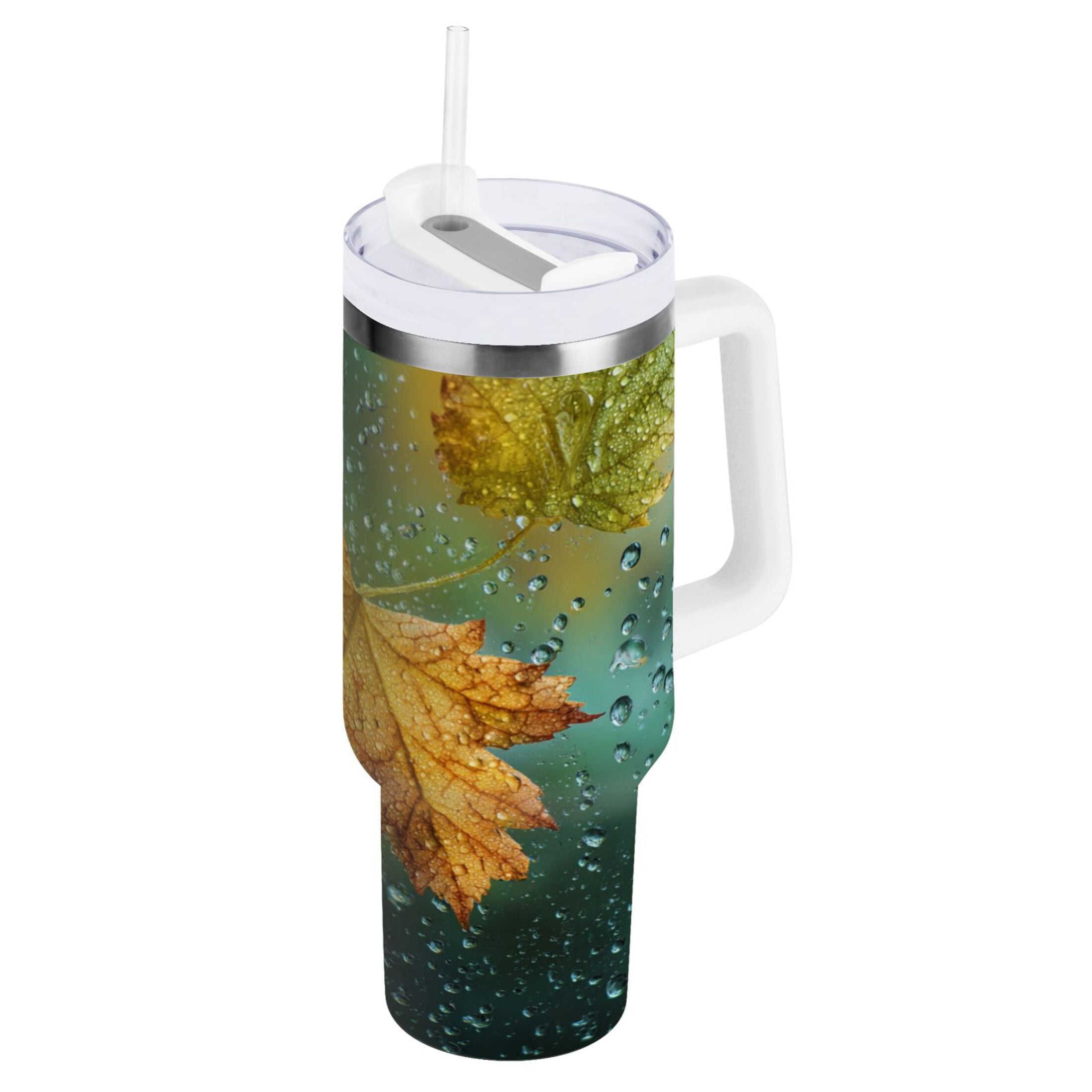 30 oz Insulated Stainless Steel Tumbler Double Wall Stainless Steel Tumbler with 2-Way Drinking Leaves with Water Droplets C500K