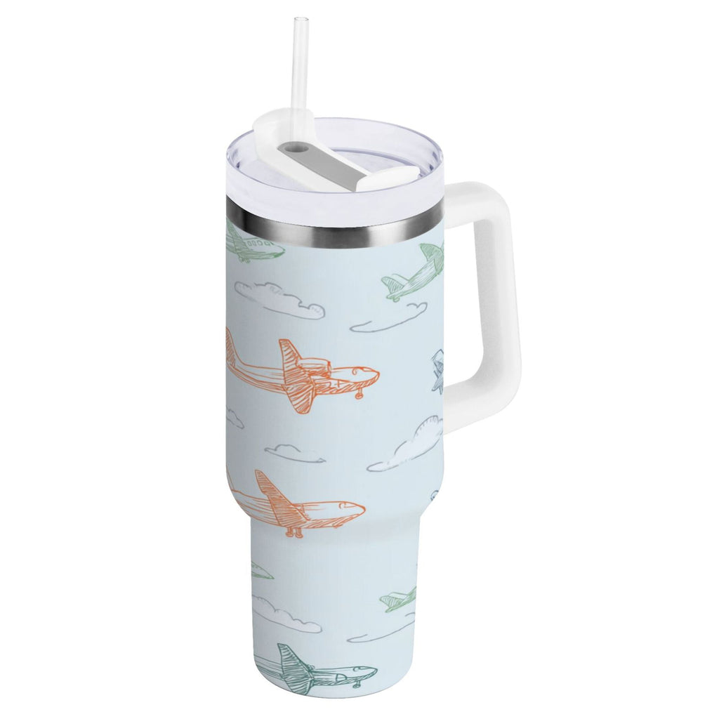 30 oz Insulated Stainless Steel Tumbler Double Wall Stainless Steel Tumbler with 2-Way Drinking Pastel Doodle Airplanes C593T