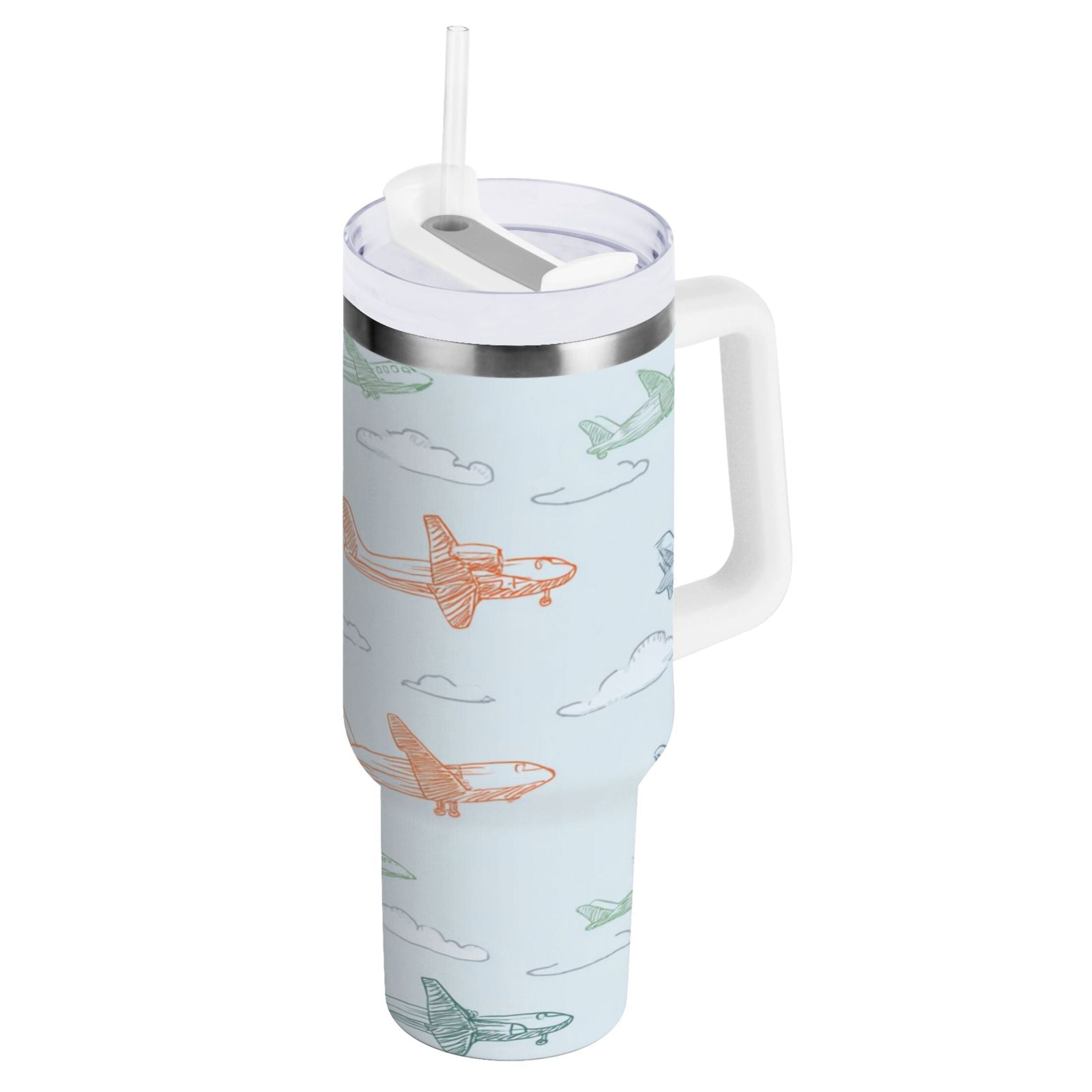 30 oz Insulated Stainless Steel Tumbler Double Wall Stainless Steel Tumbler with 2-Way Drinking Pastel Doodle Airplanes C593T