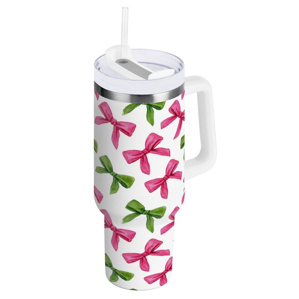 30 oz Insulated Stainless Steel Tumbler Double Wall Stainless Steel Tumbler with 2-Way Drinking Pink Bows and Green Ribbons C649T