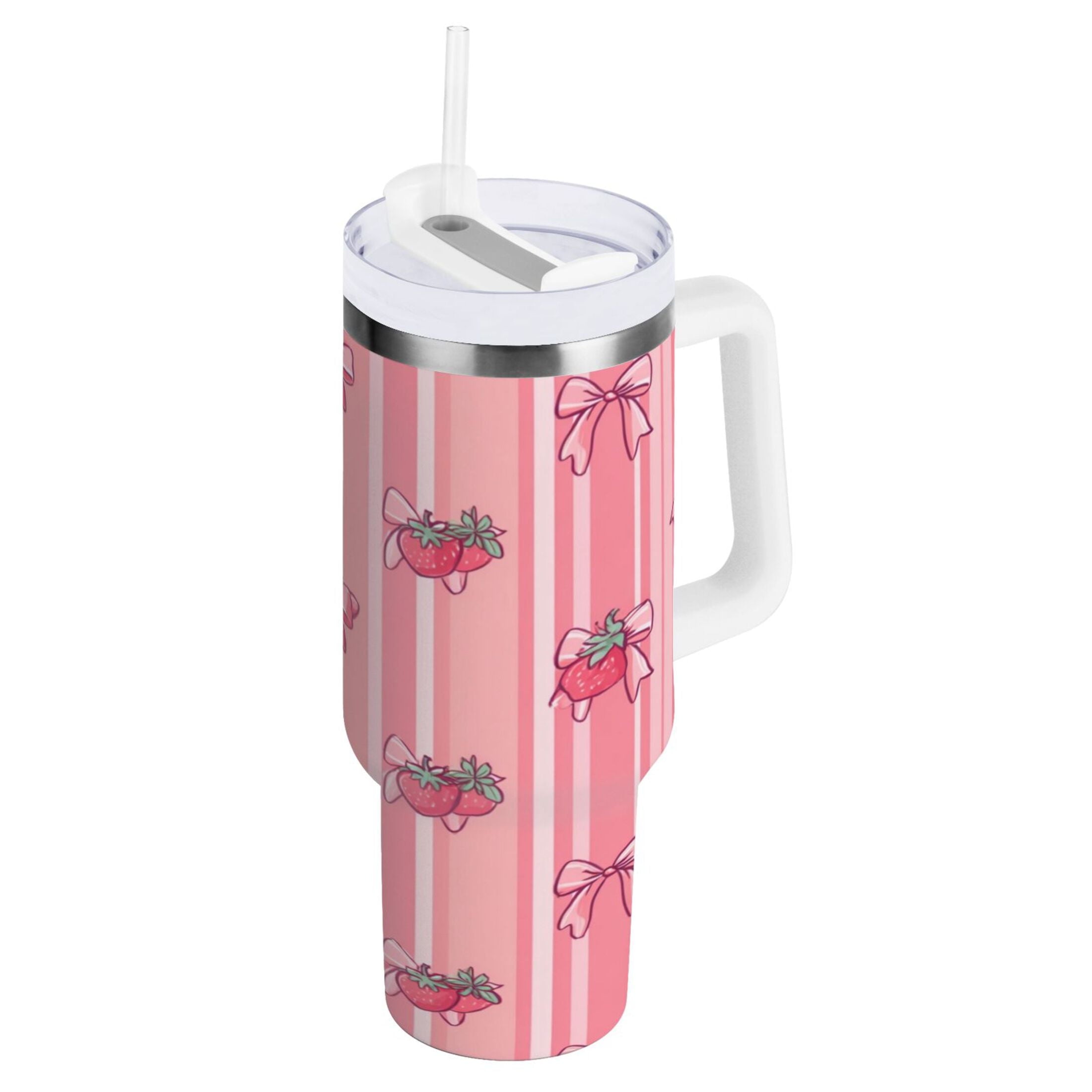 30 oz Insulated Stainless Steel Tumbler Double Wall Stainless Steel Tumbler with 2-Way Drinking Pink Bows and Strawberries C628N