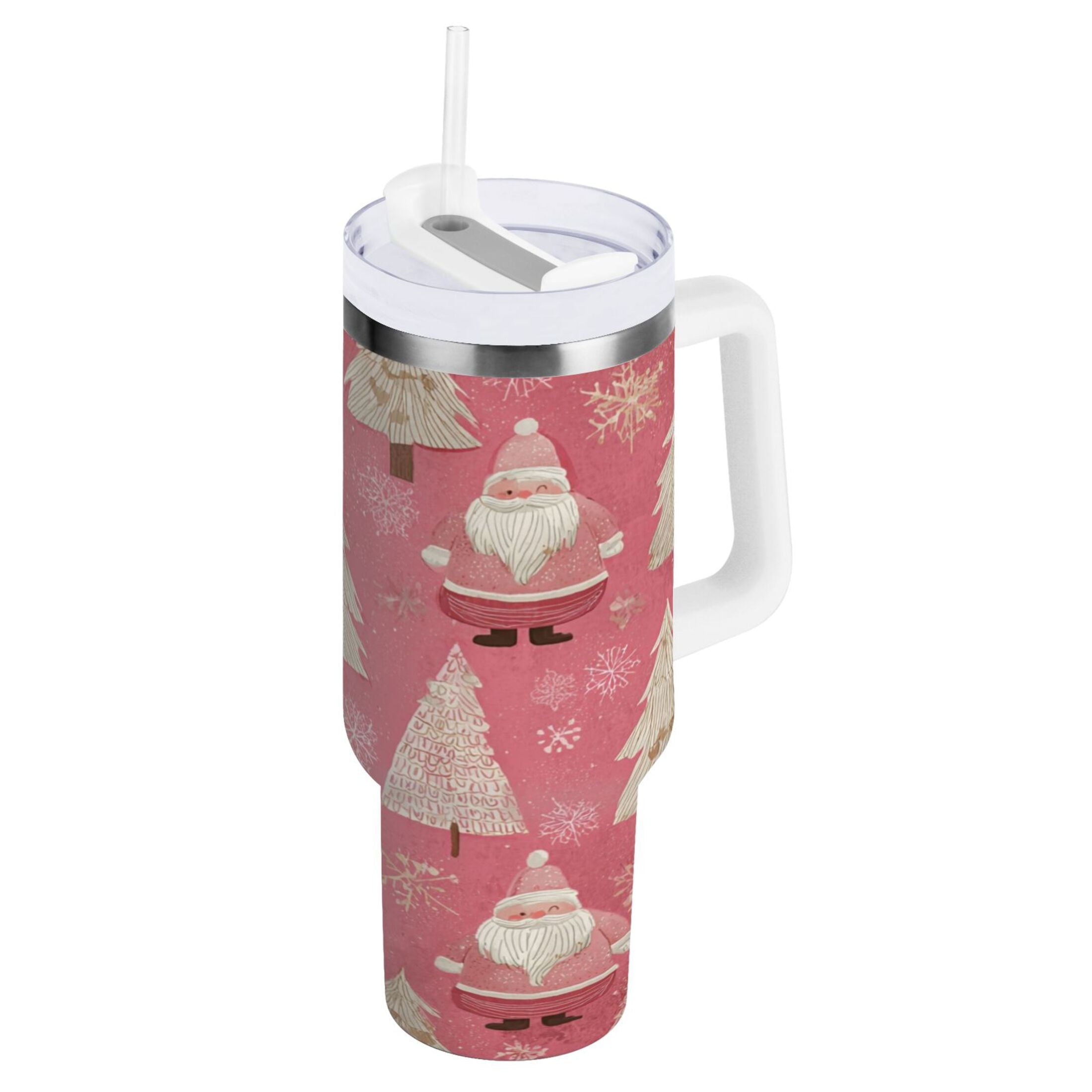 40 oz Insulated Stainless Steel Tumbler Double Wall Stainless Steel Tumbler with 2-Way Drinking Pink Santa Claus Pattern C527W