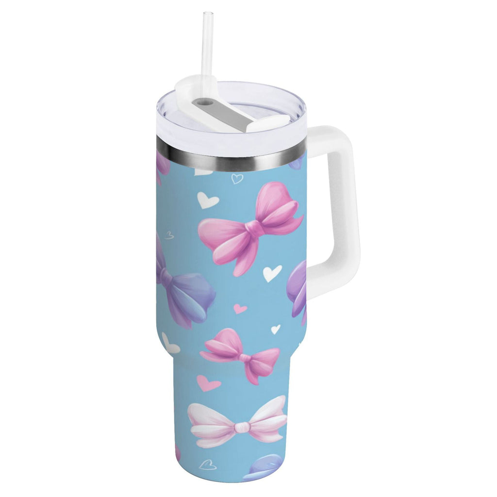30 oz Insulated Stainless Steel Tumbler Double Wall Stainless Steel Tumbler with 2-Way Drinking Pink and Purple Bows C526T