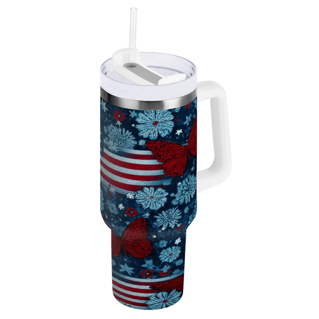 30 oz Insulated Stainless Steel Tumbler Double Wall Stainless Steel Tumbler with 2-Way Drinking Red Butterflies and Flags C621U