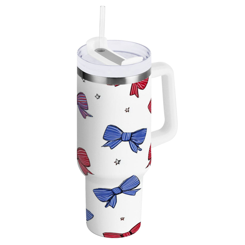 30 oz Insulated Stainless Steel Tumbler Double Wall Stainless Steel Tumbler with 2-Way Drinking Red and Blue Stripe Bows C656Q