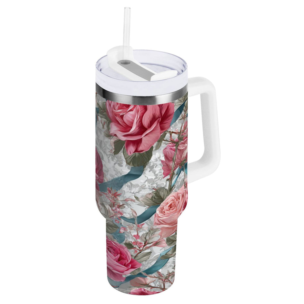 30 oz Insulated Stainless Steel Tumbler Double Wall Stainless Steel Tumbler with 2-Way Drinking Roses and Ribbons C675M