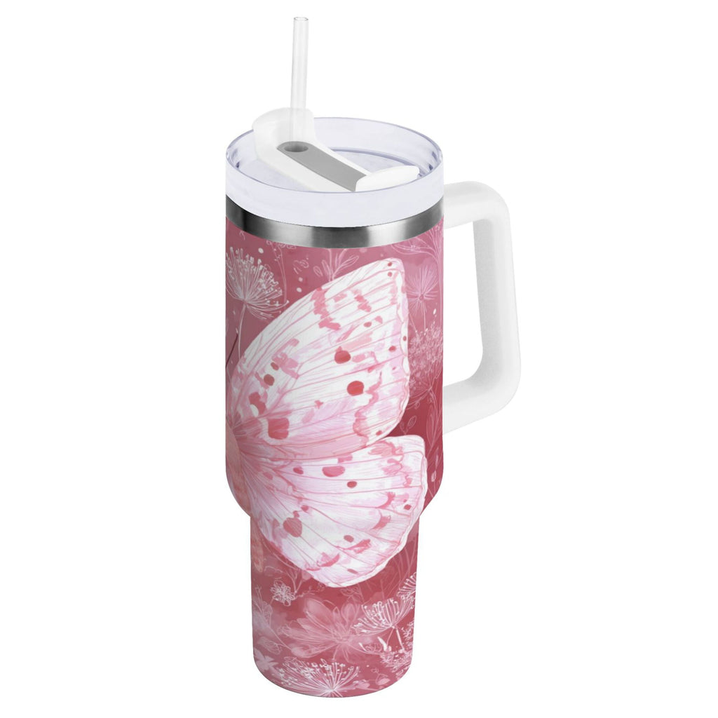 30 oz Insulated Stainless Steel Tumbler Double Wall Stainless Steel Tumbler with 2-Way Drinking Soft Pink Butterfly C561Z