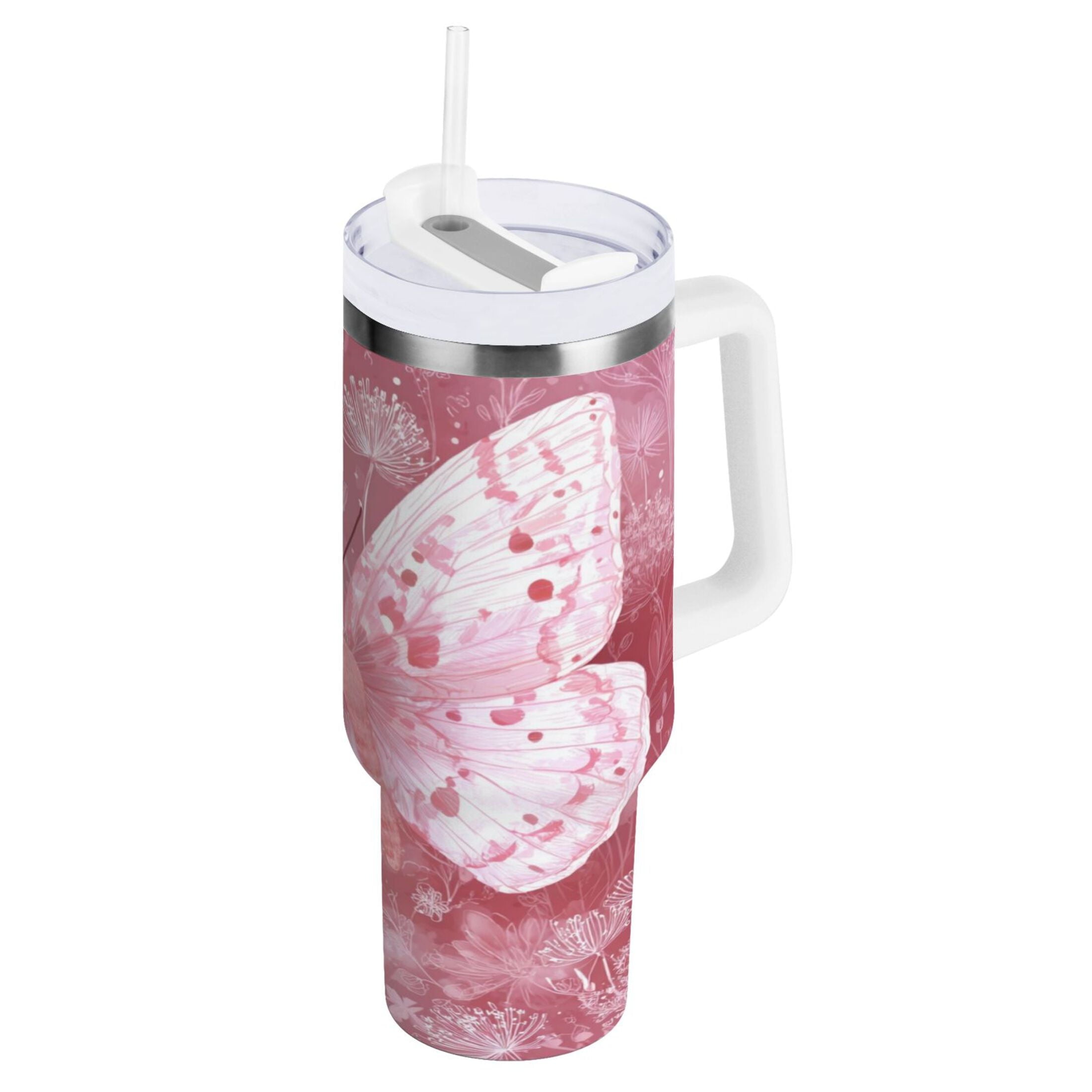 30 oz Insulated Stainless Steel Tumbler Double Wall Stainless Steel Tumbler with 2-Way Drinking Soft Pink Butterfly C561Z