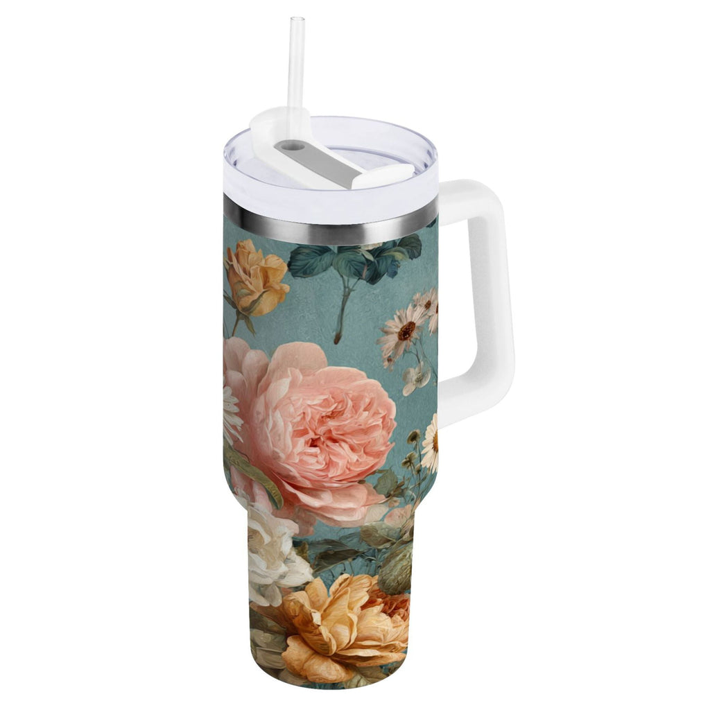 30 oz Insulated Stainless Steel Tumbler Double Wall Stainless Steel Tumbler with 2-Way Drinking Vintage Roses and Peonies C667C