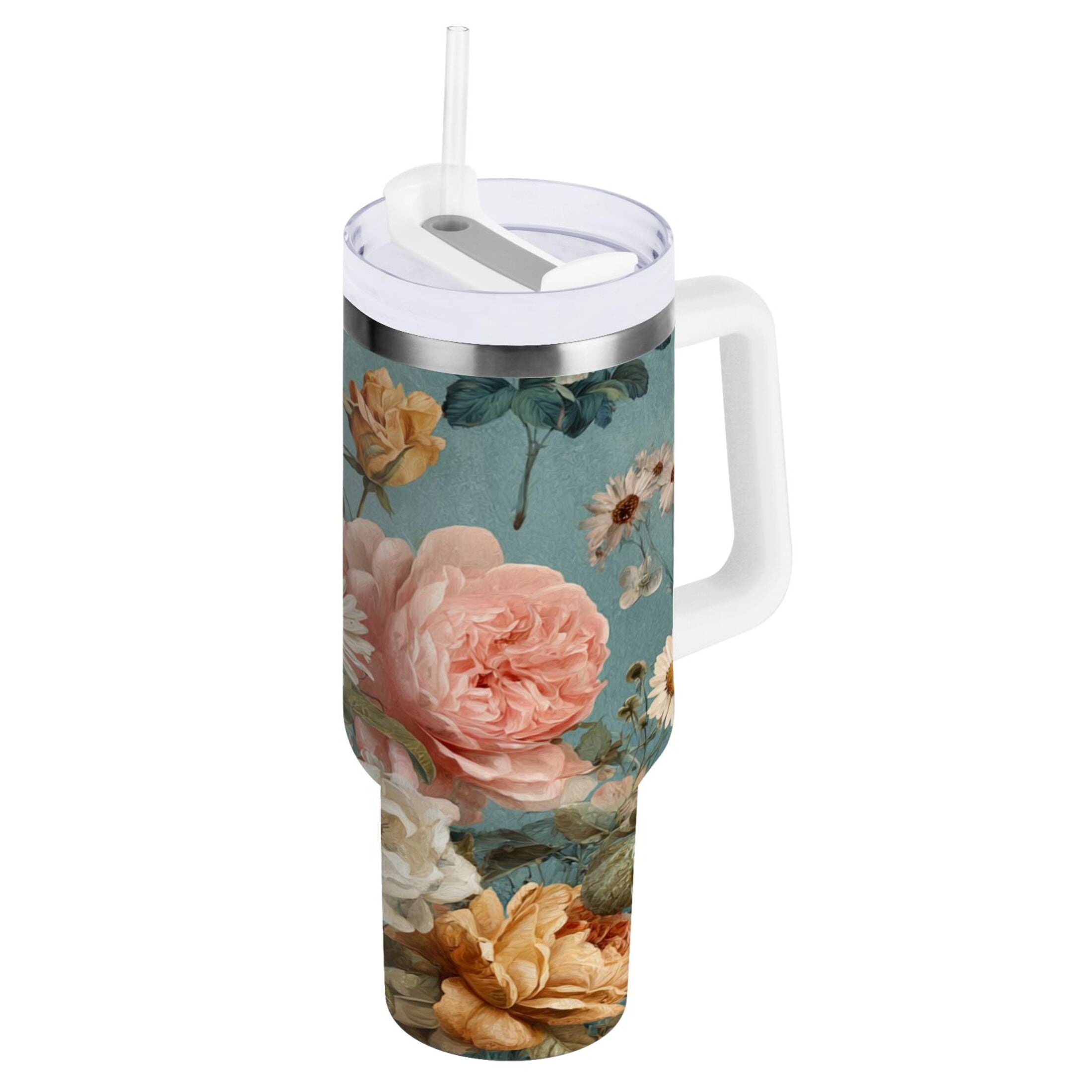 30 oz Insulated Stainless Steel Tumbler Double Wall Stainless Steel Tumbler with 2-Way Drinking Vintage Roses and Peonies C667C