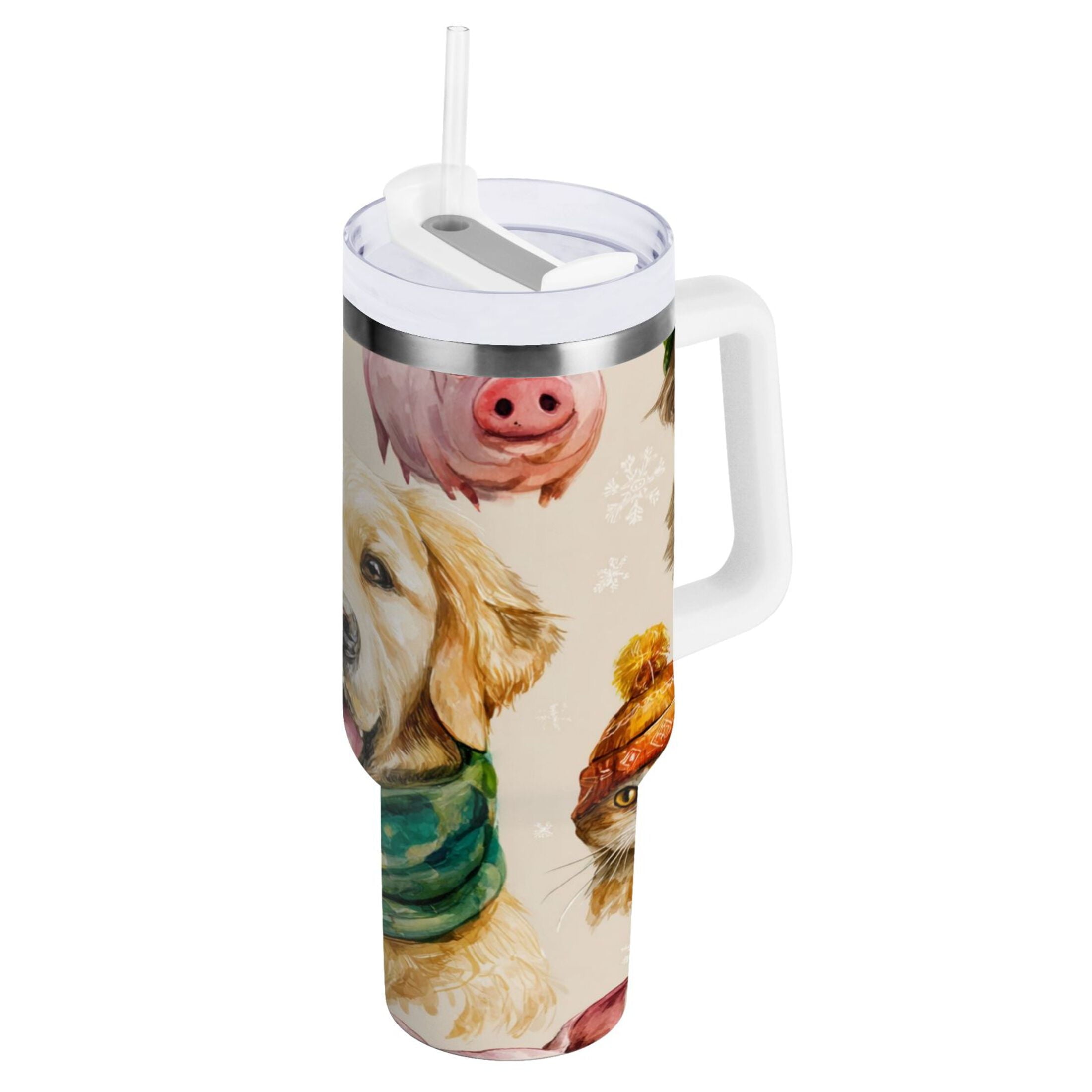 30 oz Insulated Stainless Steel Tumbler Double Wall Stainless Steel Tumbler with 2-Way Drinking Watercolor Animals Pattern C618N
