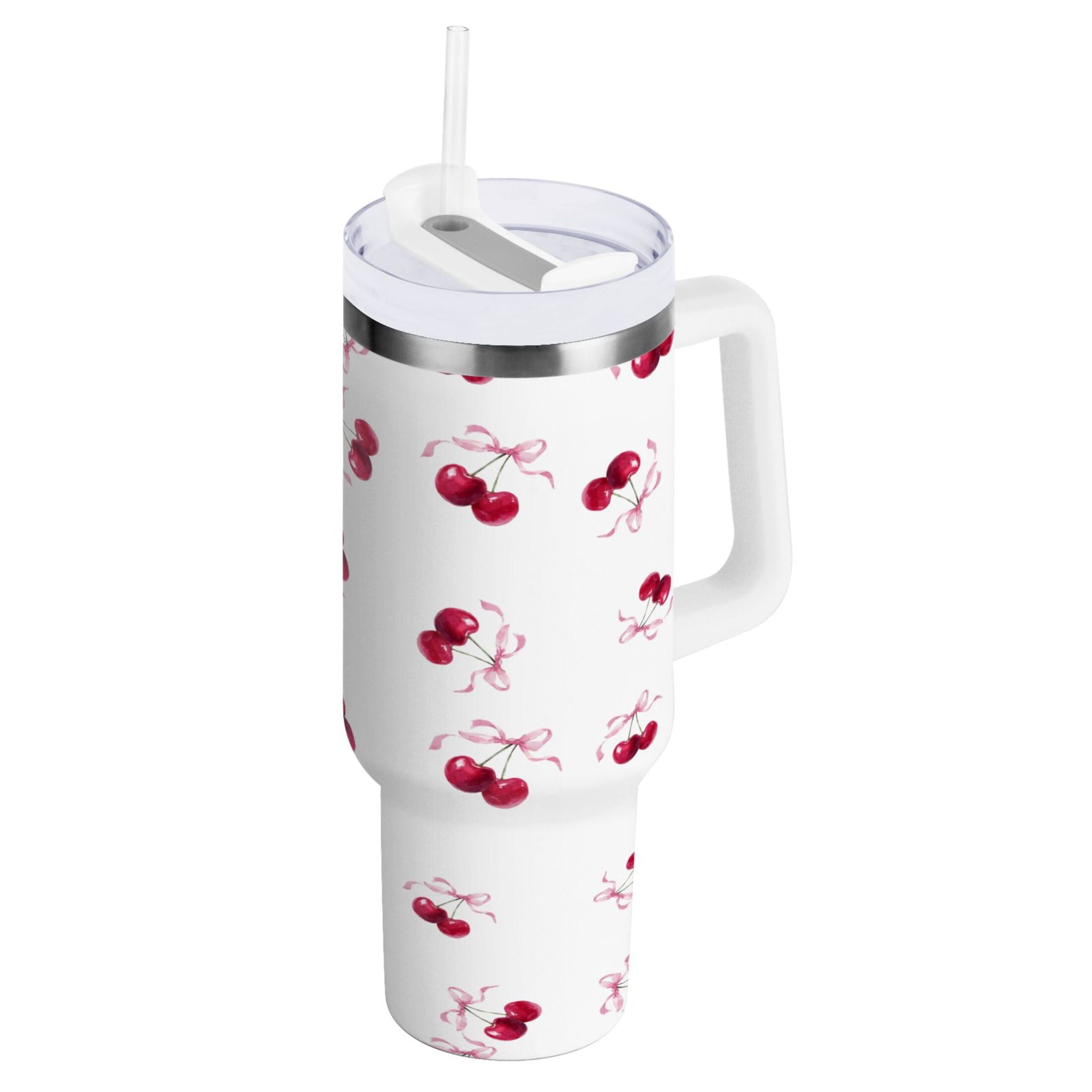 30 oz Insulated Stainless Steel Tumbler Double Wall Stainless Steel Tumbler with 2-Way Drinking Watercolor Cherries Pattern C604E
