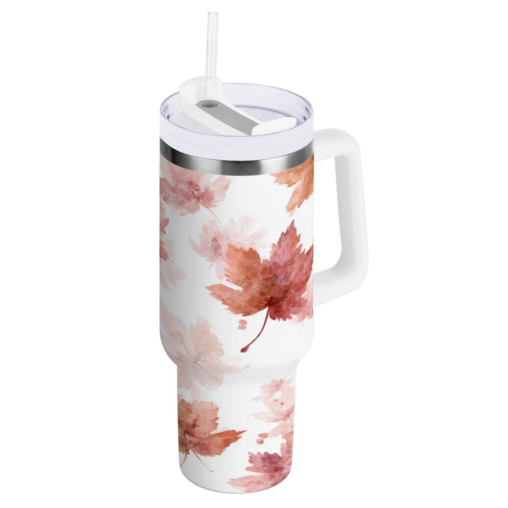 30 oz Insulated Stainless Steel Tumbler Double Wall Stainless Steel Tumbler with 2-Way Drinking Watercolor Pink Maple Leaves C624G