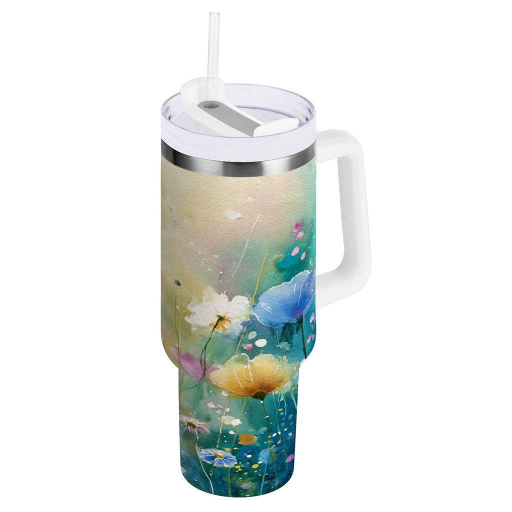 30 oz Insulated Stainless Steel Tumbler Double Wall Stainless Steel Tumbler with 2-Way Drinking Watercolor Wildflowers C563F