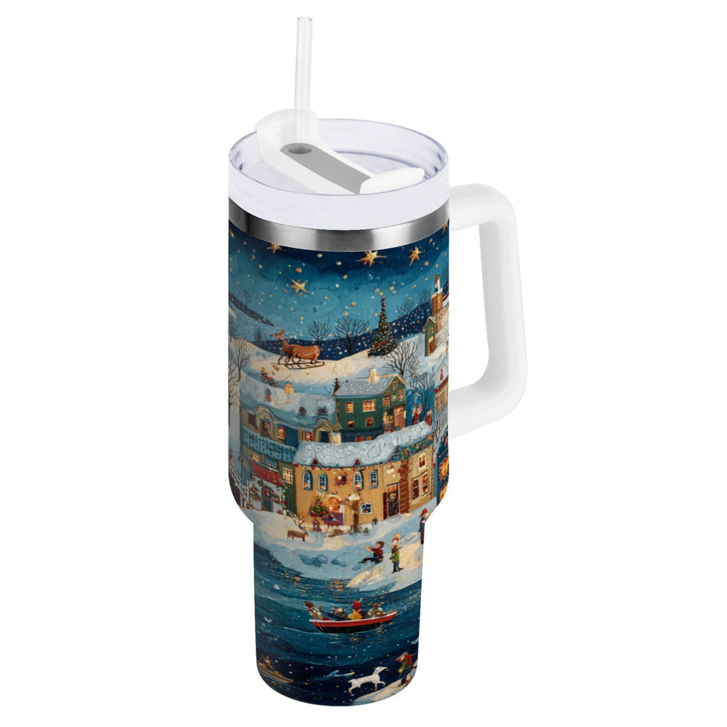 30 oz Insulated Stainless Steel Tumbler Double Wall Stainless Steel Tumbler with 2-Way Drinking Whimsical Christmas Scene C545R