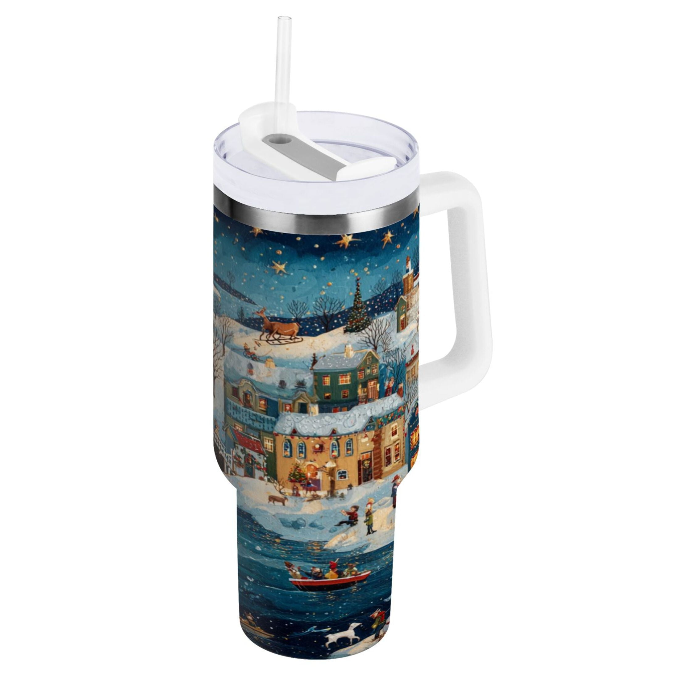 30 oz Insulated Stainless Steel Tumbler Double Wall Stainless Steel Tumbler with 2-Way Drinking Whimsical Christmas Scene C545R