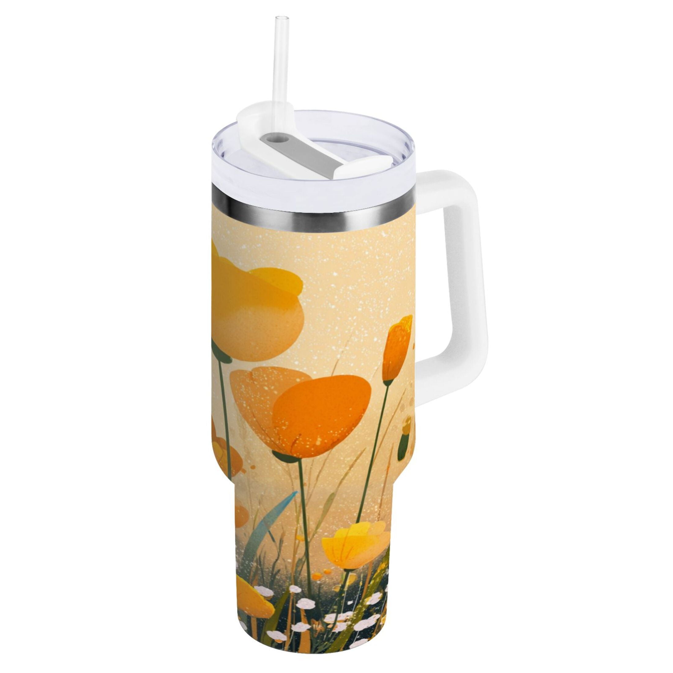 30 oz Insulated Stainless Steel Tumbler Double Wall Stainless Steel Tumbler with 2-Way Drinking Yellow Flowers on The Grass C594J