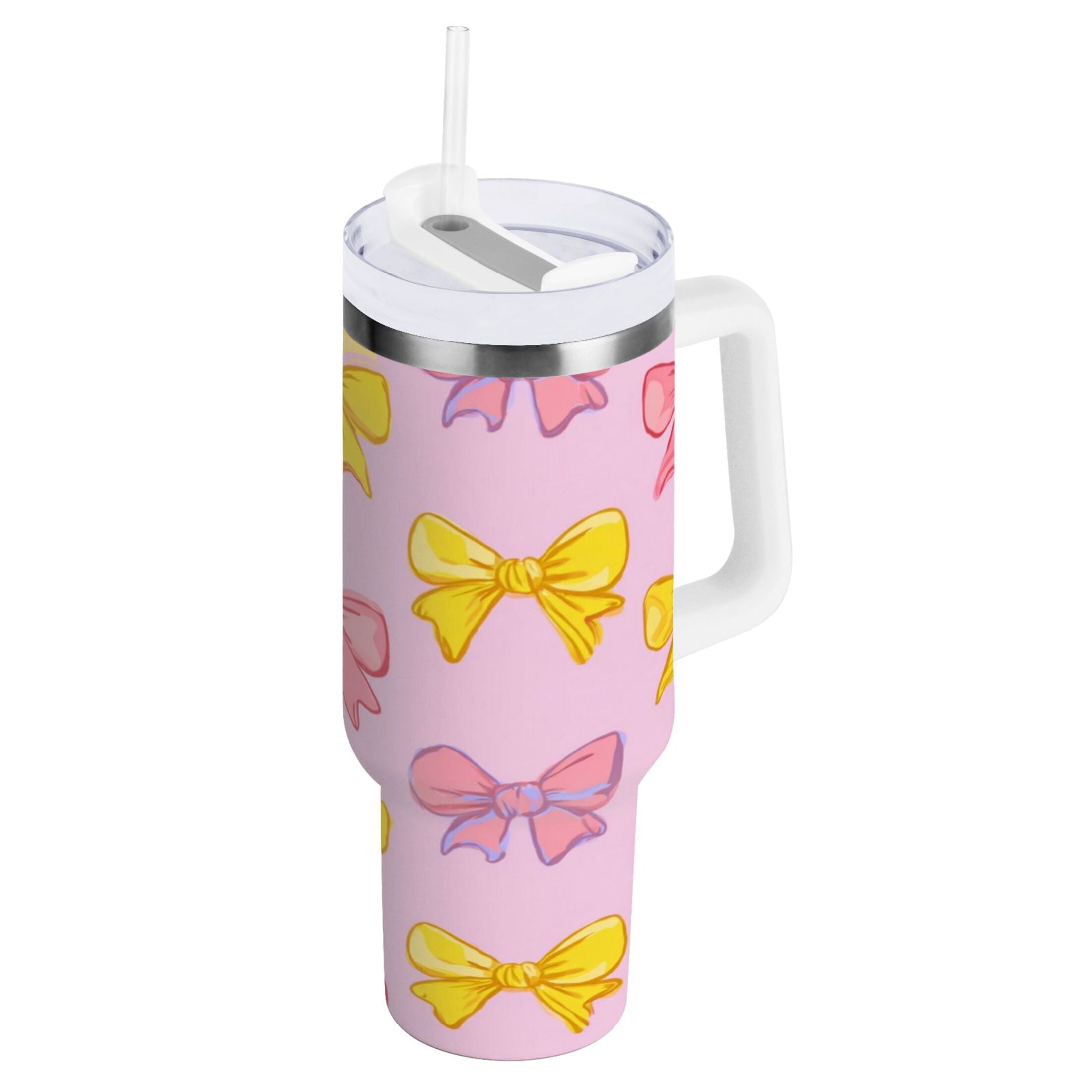 30 oz Insulated Stainless Steel Tumbler Double Wall Stainless Steel Tumbler with 2-Way Drinking Yellow and Pink Bows C566W