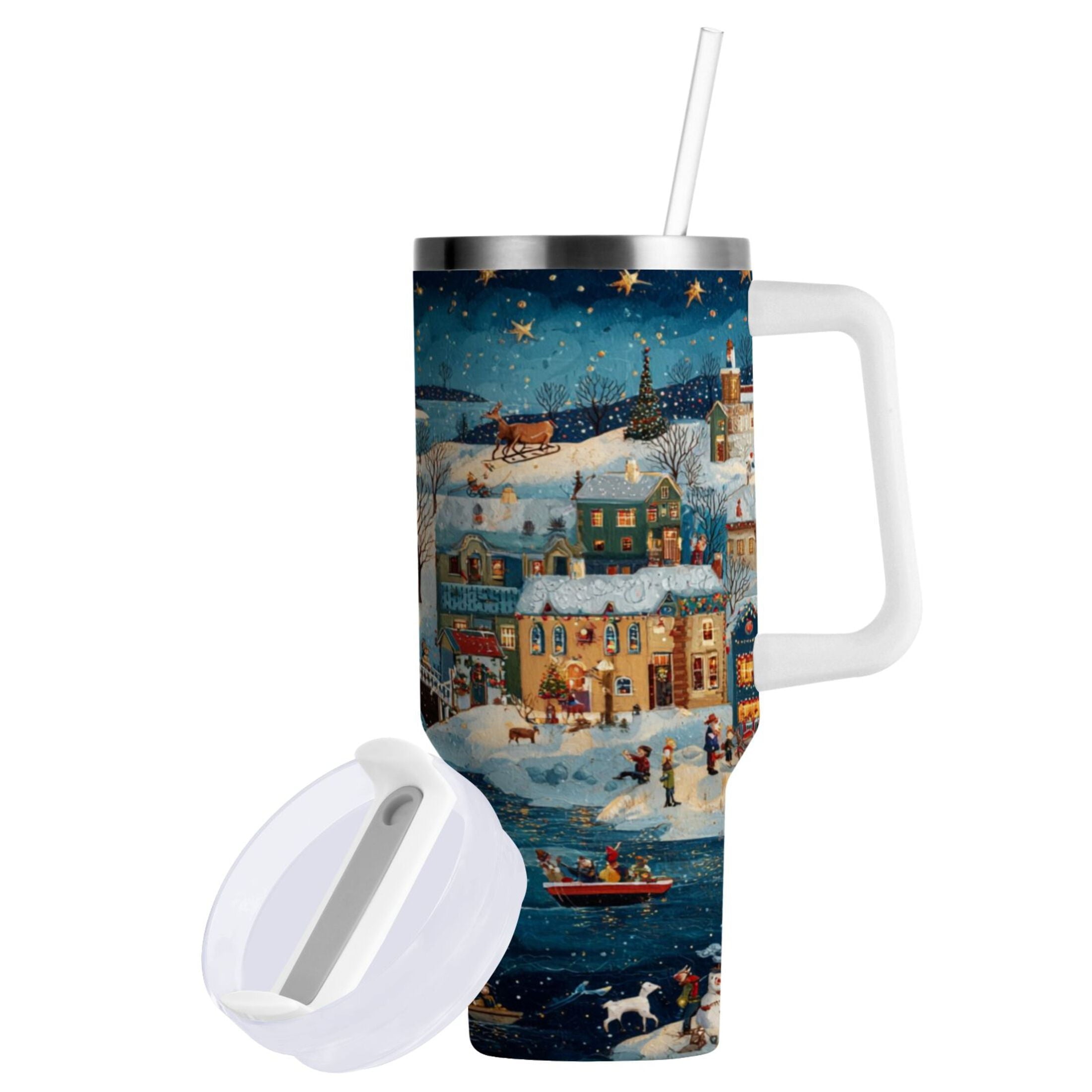 30 oz Insulated Stainless Steel Tumbler Double Wall Stainless Steel Tumbler with 2-Way Drinking Whimsical Christmas Scene C545R