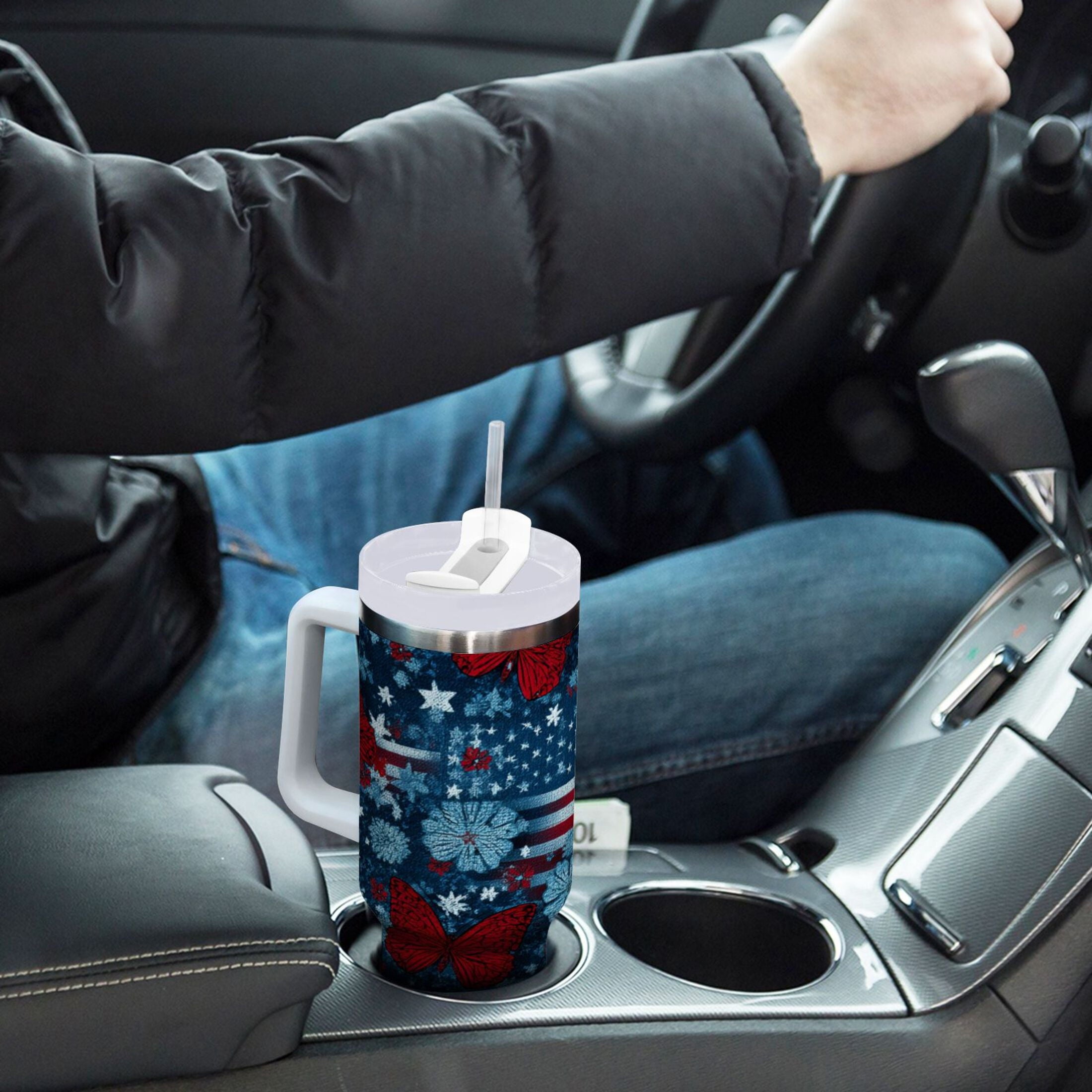 30 oz Insulated Stainless Steel Tumbler Double Wall Stainless Steel Tumbler with 2-Way Drinking Red Butterflies and Flags C621U
