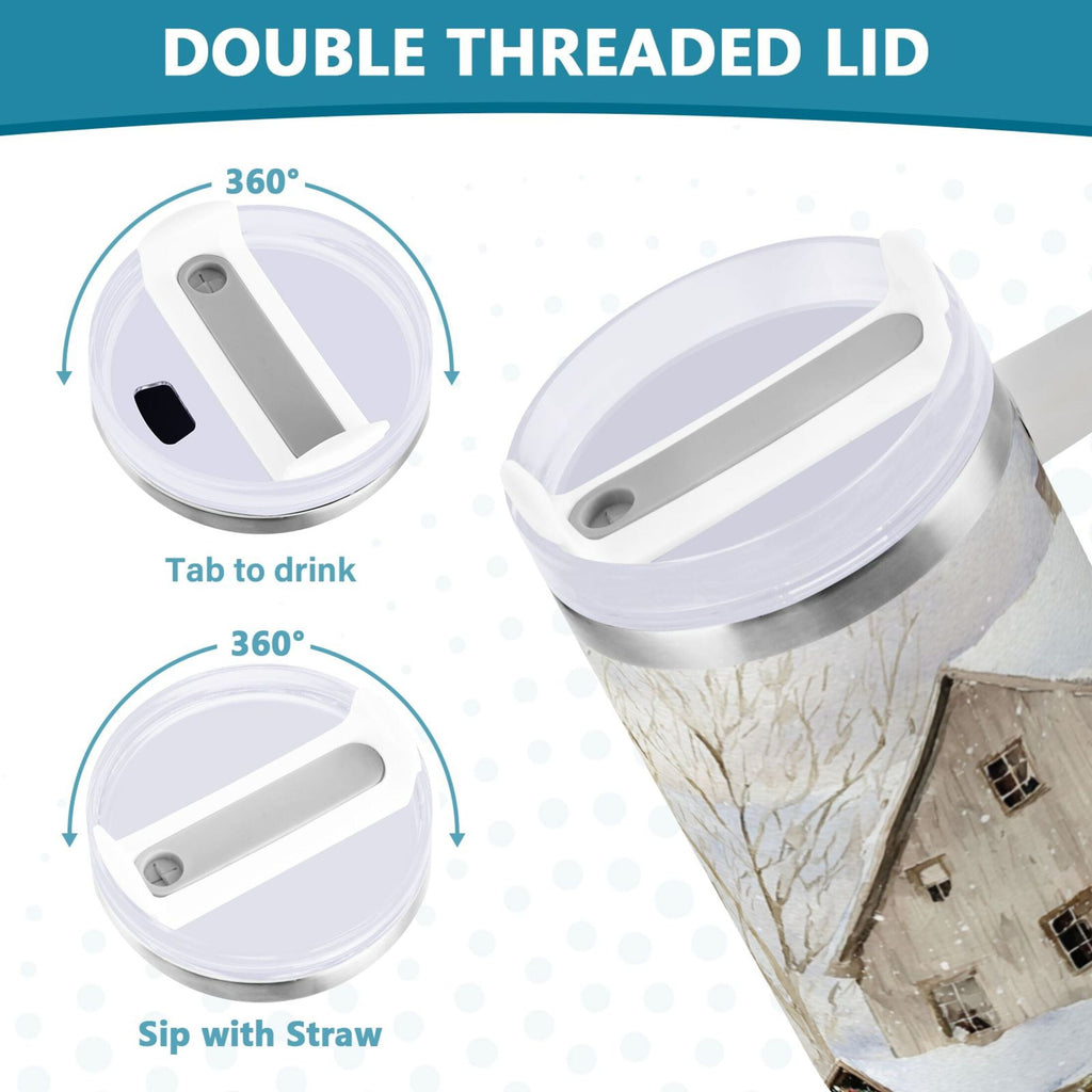 40 oz Insulated Stainless Steel Tumbler Double Wall Stainless Steel Tumbler with 2-Way Drinking Farm Snow Scene C645K