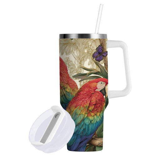 30 oz Insulated Stainless Steel Tumbler Double Wall Stainless Steel Tumbler with 2-Way Drinking Colorful Beautiful Parrots C520E