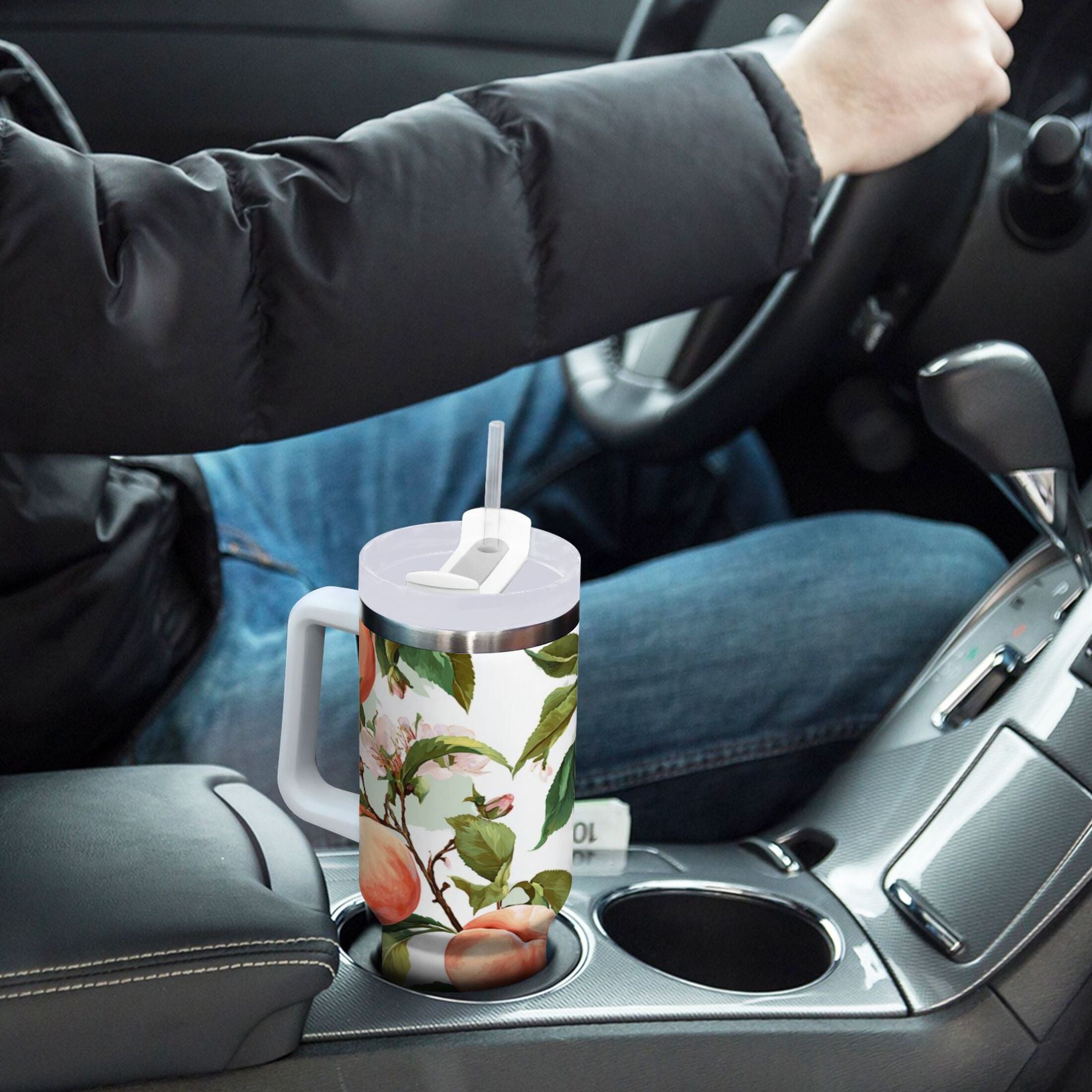 30 oz Insulated Stainless Steel Tumbler Double Wall Stainless Steel Tumbler with 2-Way Drinking Peach Fruit Pattern C503L