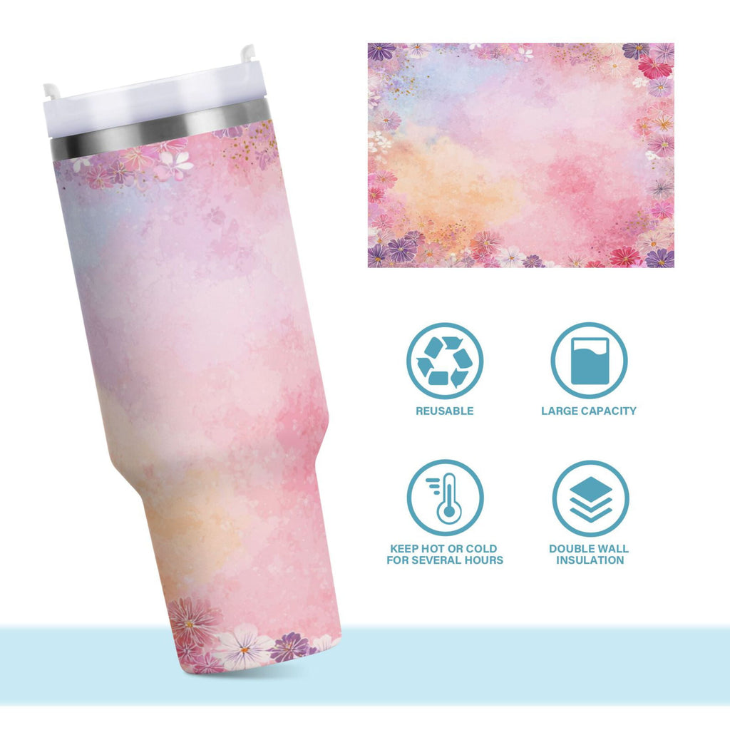 30 oz Insulated Stainless Steel Tumbler Double Wall Stainless Steel Tumbler with 2-Way Drinking Colorful Pastel Floral Pattern C514B