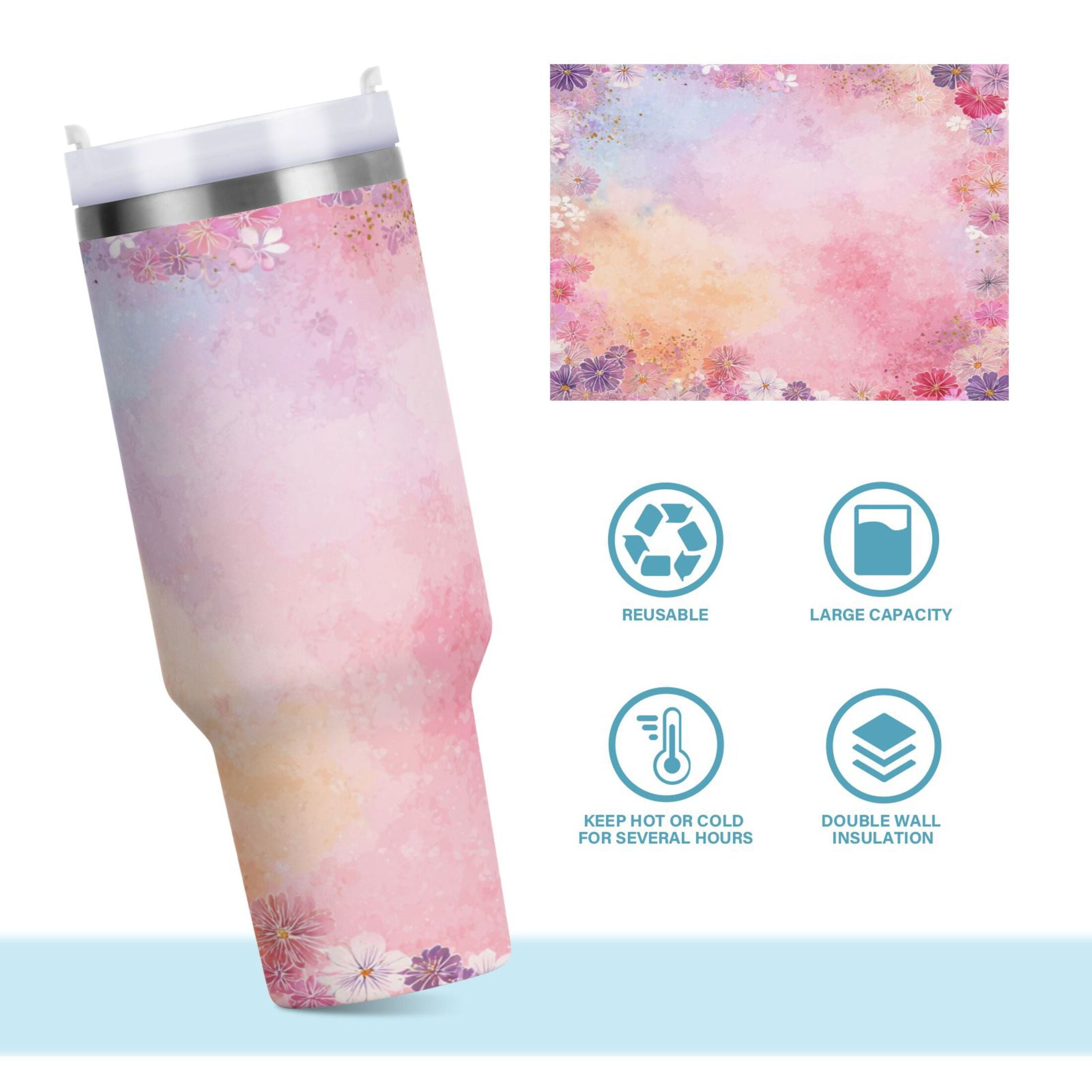 30 oz Insulated Stainless Steel Tumbler Double Wall Stainless Steel Tumbler with 2-Way Drinking Colorful Pastel Floral Pattern C514B