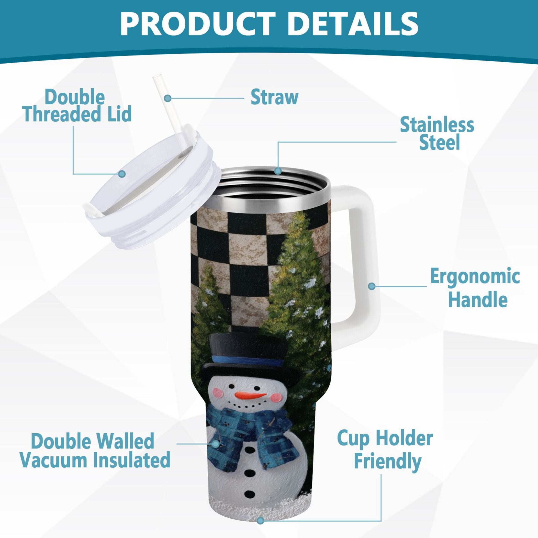 30 oz Insulated Stainless Steel Tumbler Double Wall Stainless Steel Tumbler with 2-Way Drinking Two Snowmen Pattern C501A