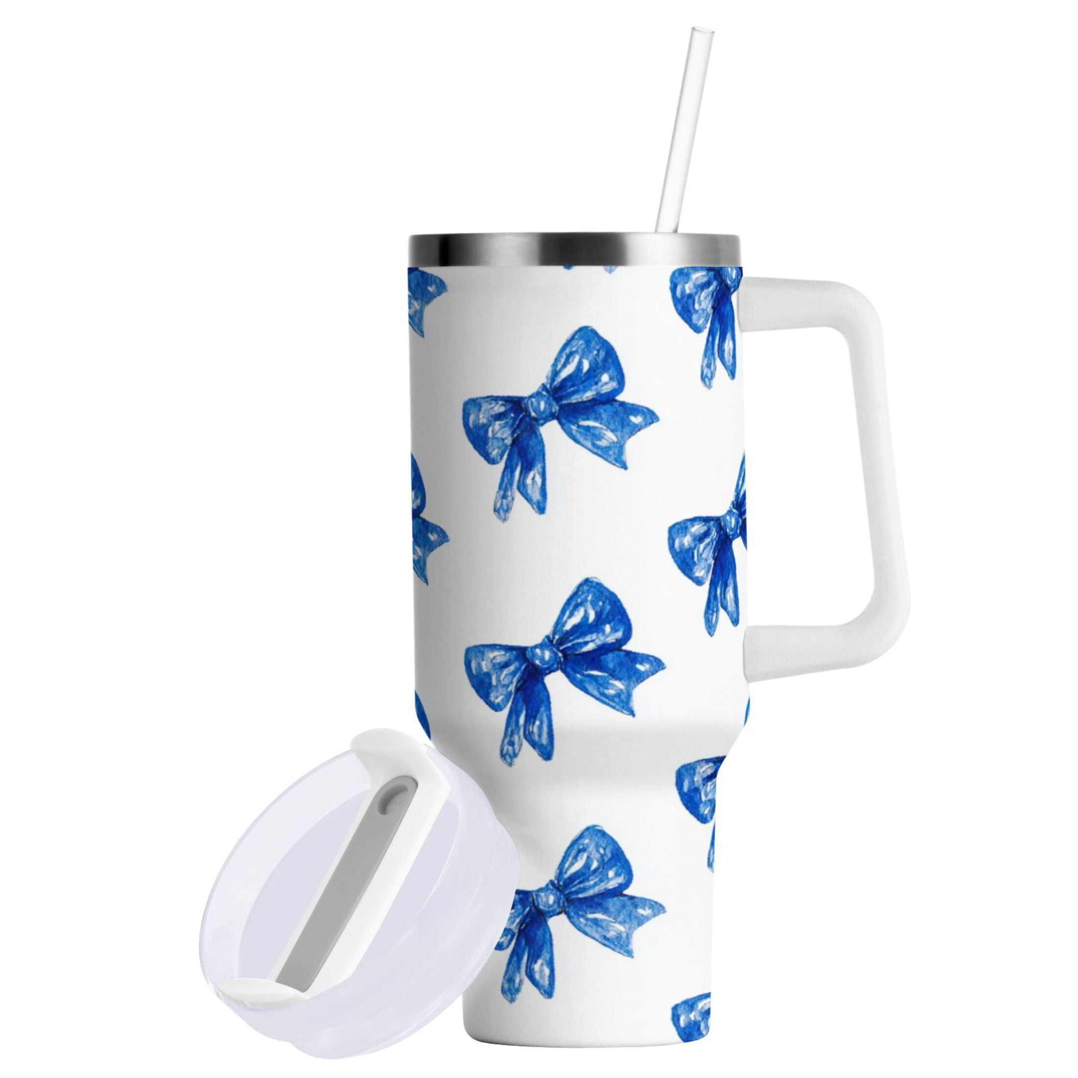 30 oz Insulated Stainless Steel Tumbler Double Wall Stainless Steel Tumbler with 2-Way Drinking Blue Bows Pattern C620X