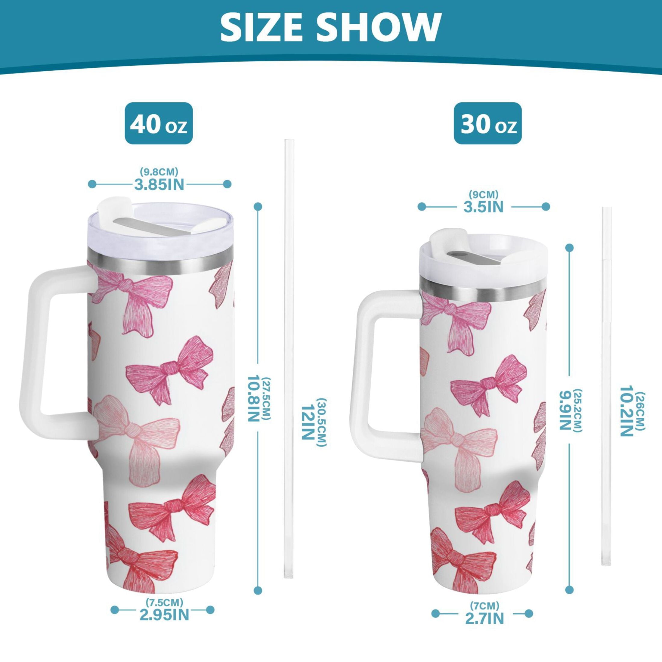 40 oz Insulated Stainless Steel Tumbler Double Wall Stainless Steel Tumbler with 2-Way Drinking Pink Bows Pattern C570E