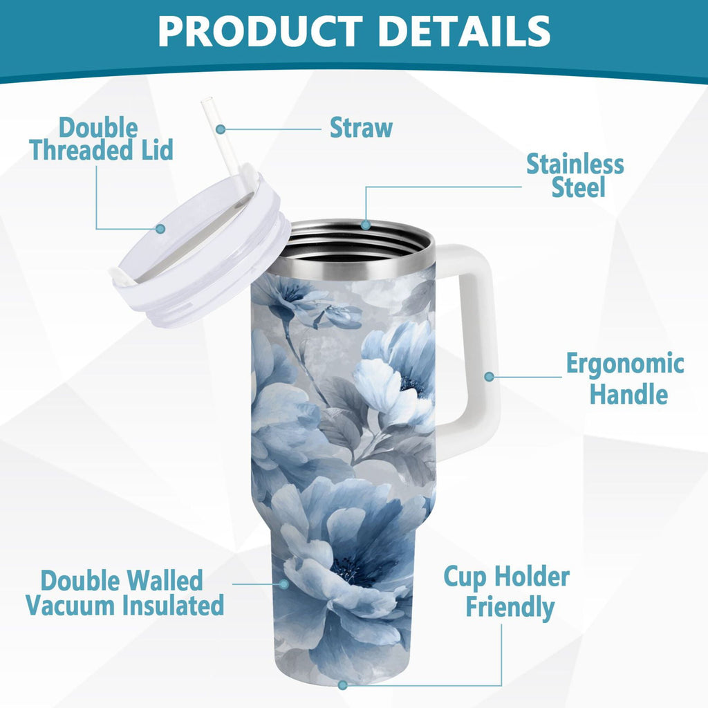 40 oz Insulated Stainless Steel Tumbler Double Wall Stainless Steel Tumbler with 2-Way Drinking White Floral Pattern C584J