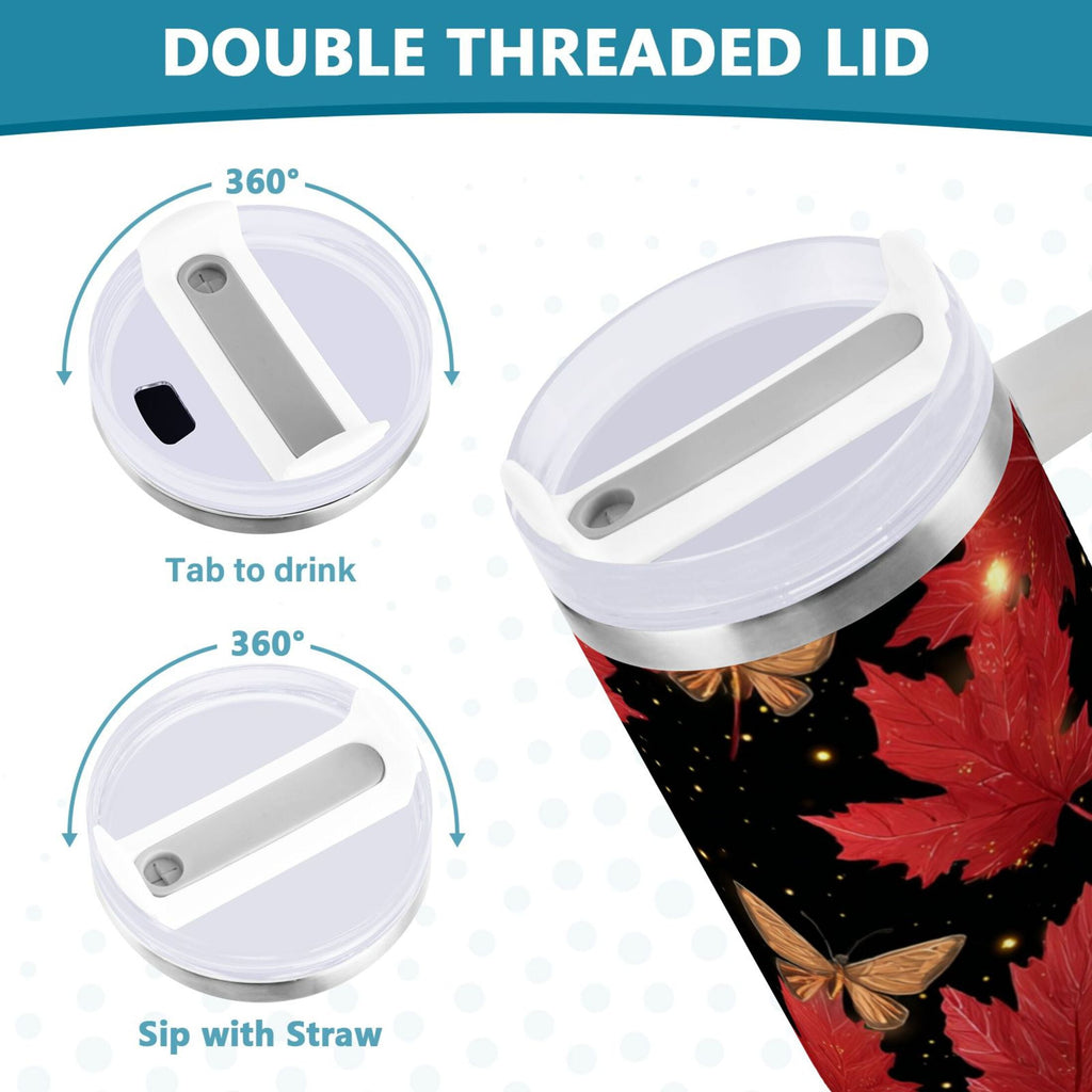 40 oz Insulated Stainless Steel Tumbler Double Wall Stainless Steel Tumbler with 2-Way Drinking Maple Leaves and Fireflies C516E