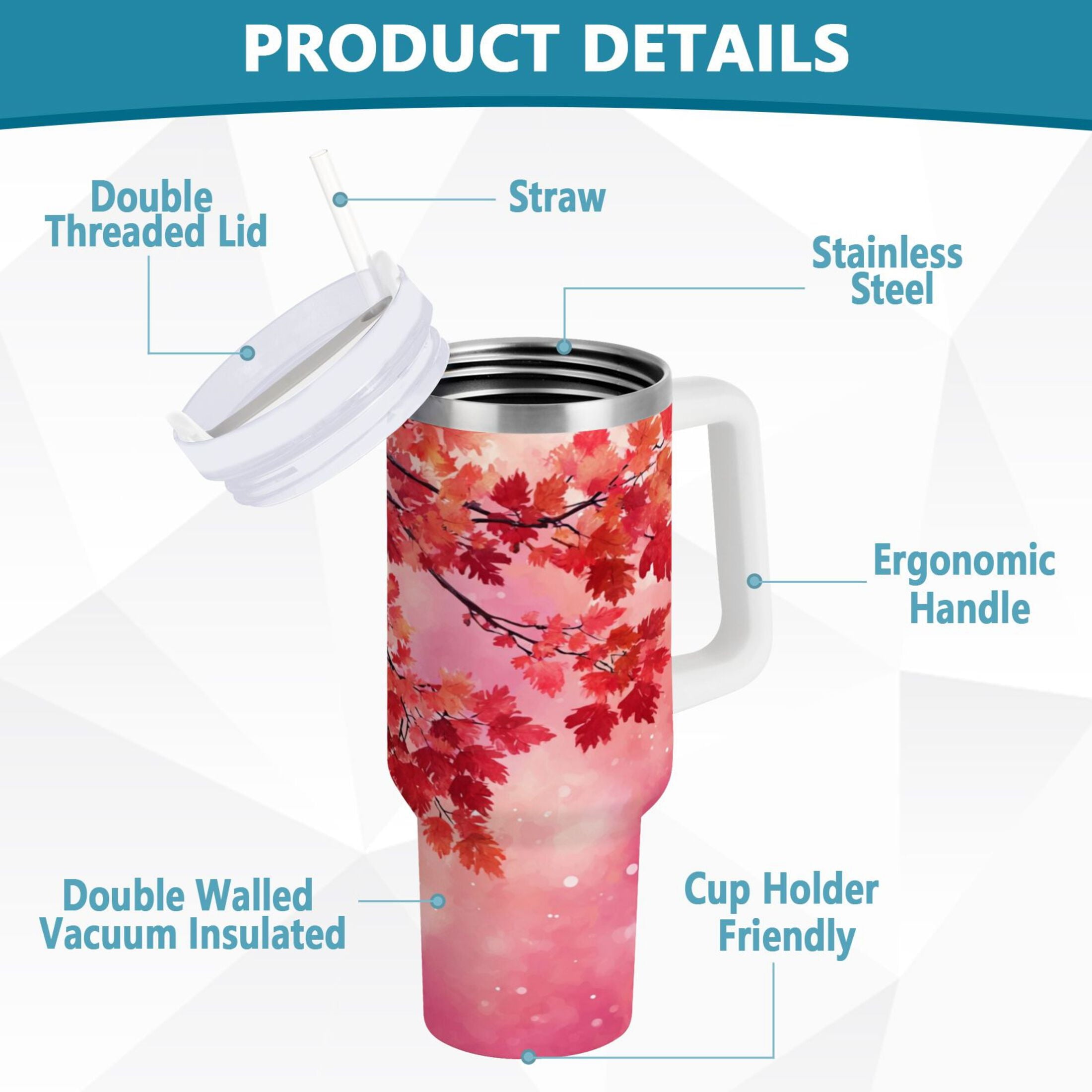 30 oz Insulated Stainless Steel Tumbler Double Wall Stainless Steel Tumbler with 2-Way Drinking Watercolor Red Maple Leaves C472G