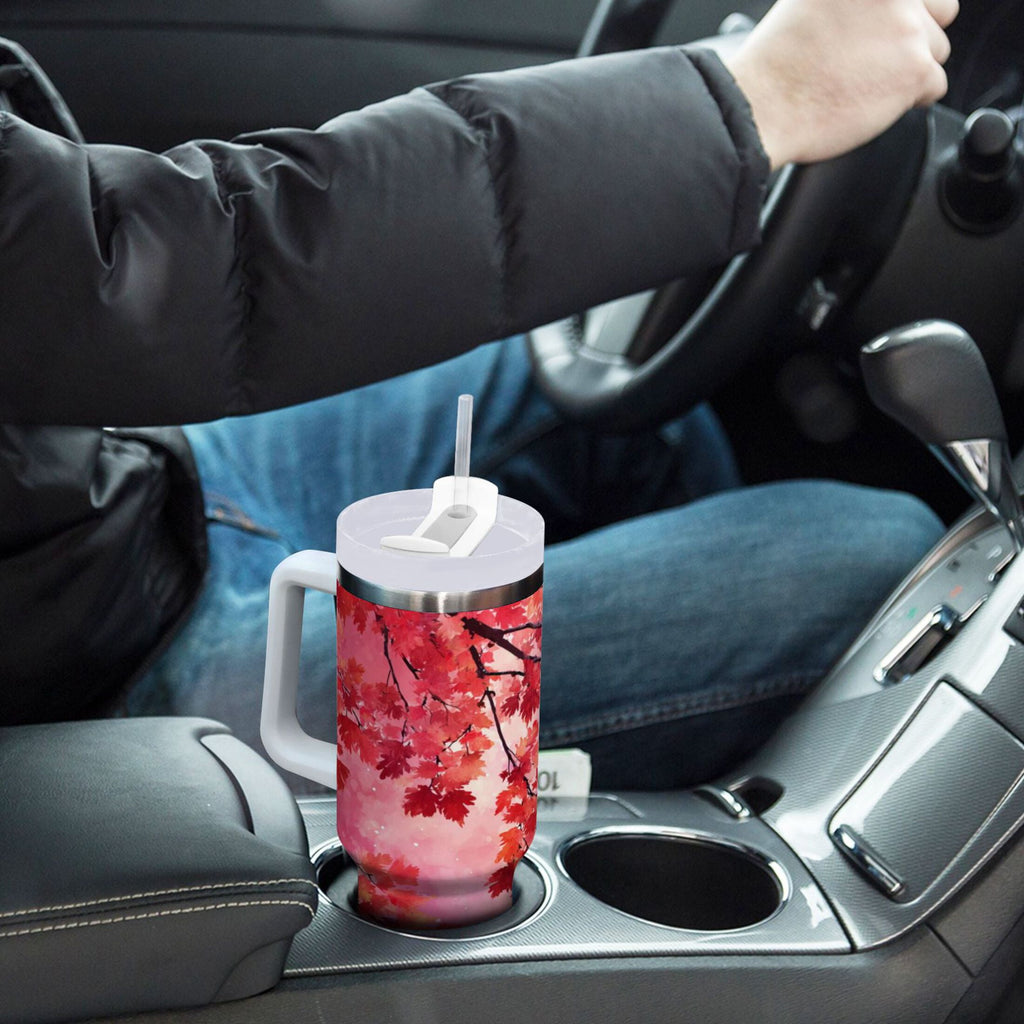 30 oz Insulated Stainless Steel Tumbler Double Wall Stainless Steel Tumbler with 2-Way Drinking Watercolor Red Maple Leaves C472G