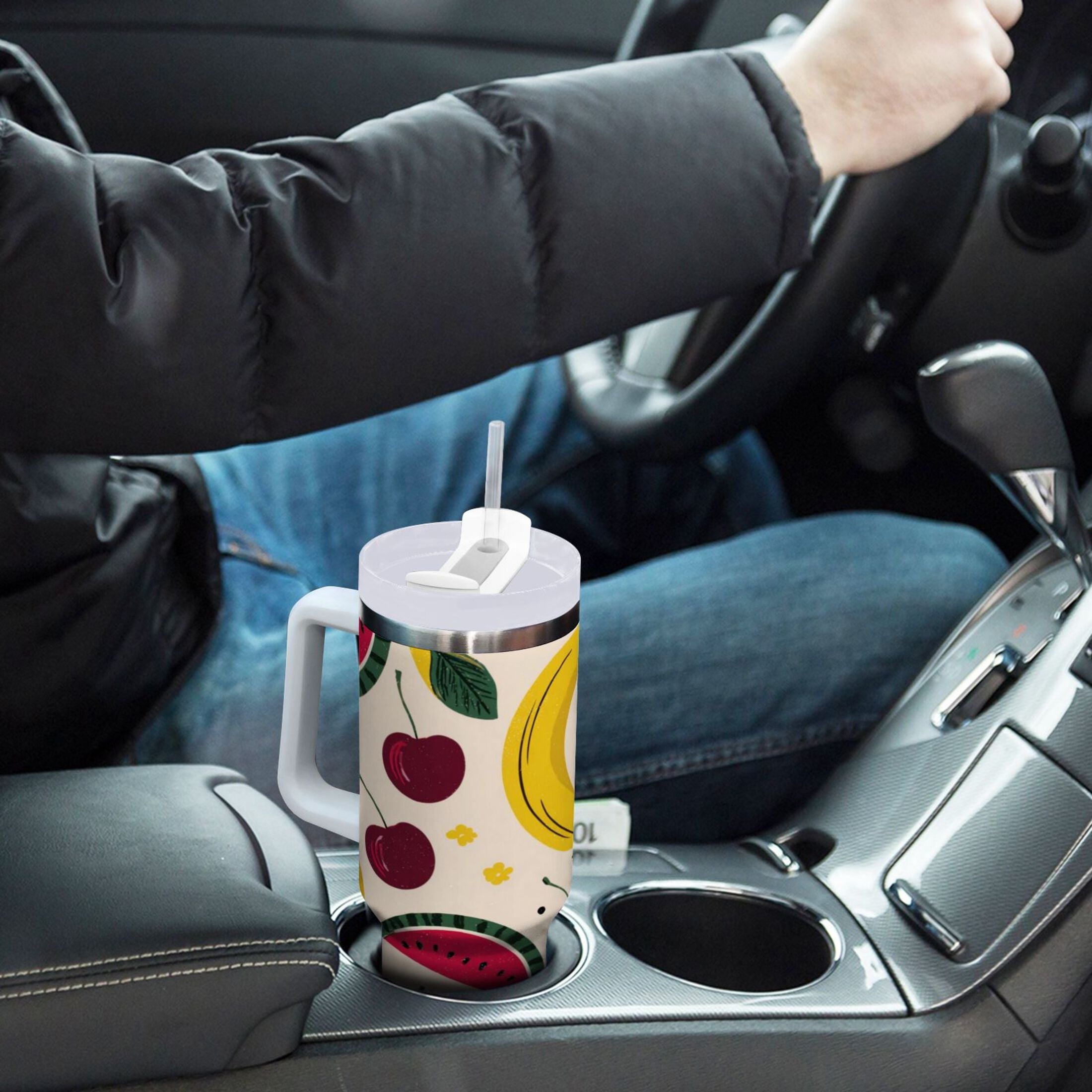 30 oz Insulated Stainless Steel Tumbler Double Wall Stainless Steel Tumbler with 2-Way Drinking Watermelon and Cherries C579V