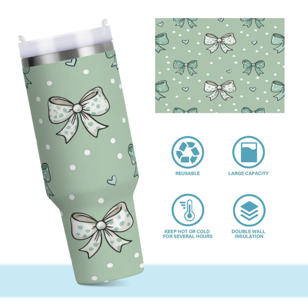 30 oz Insulated Stainless Steel Tumbler Double Wall Stainless Steel Tumbler with 2-Way Drinking Green and Mint Bows C559C