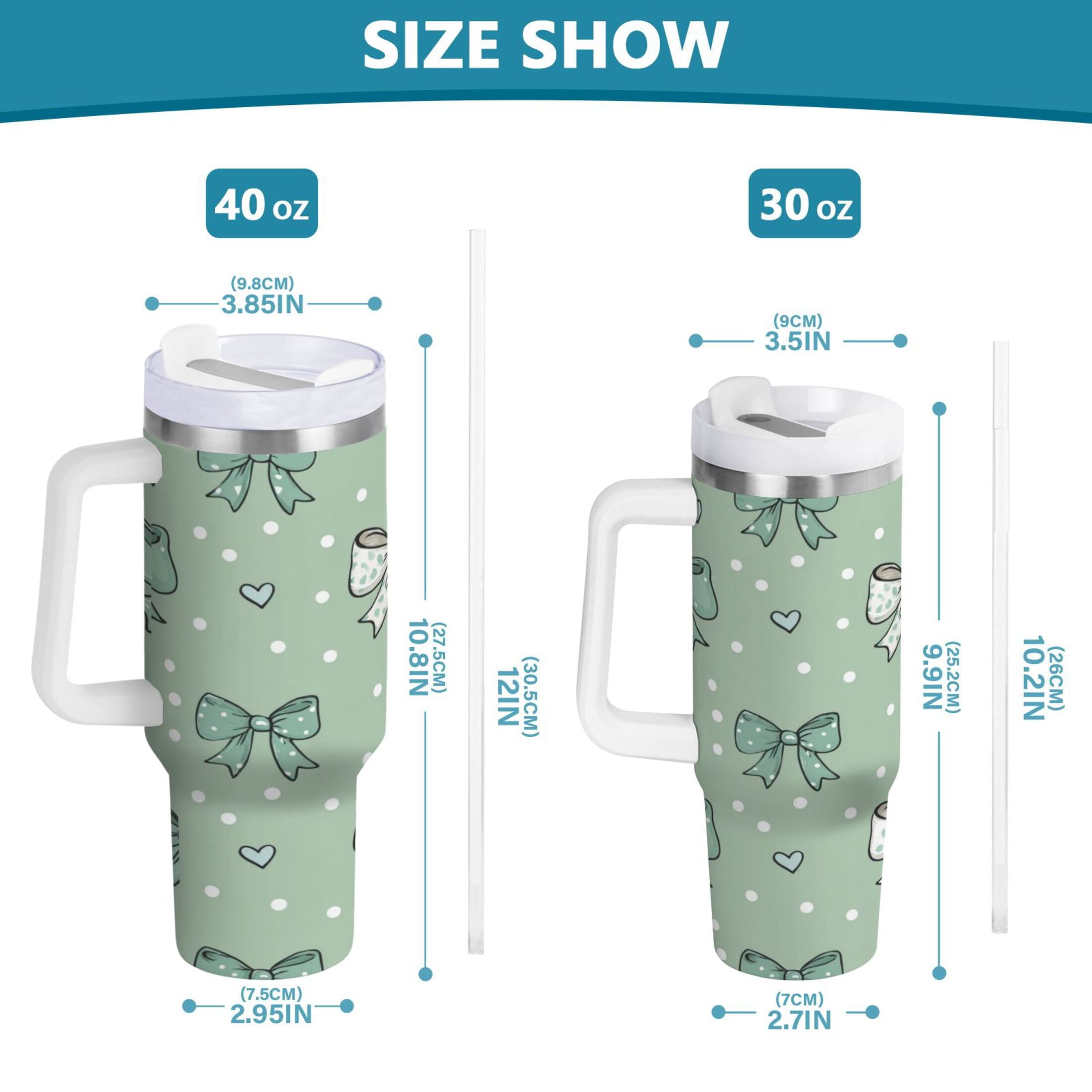 30 oz Insulated Stainless Steel Tumbler Double Wall Stainless Steel Tumbler with 2-Way Drinking Green and Mint Bows C559C
