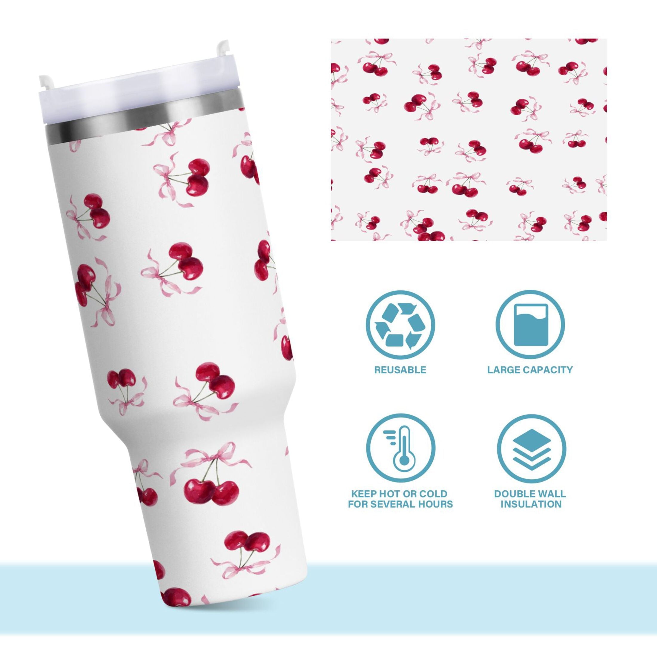 30 oz Insulated Stainless Steel Tumbler Double Wall Stainless Steel Tumbler with 2-Way Drinking Watercolor Cherries Pattern C604E