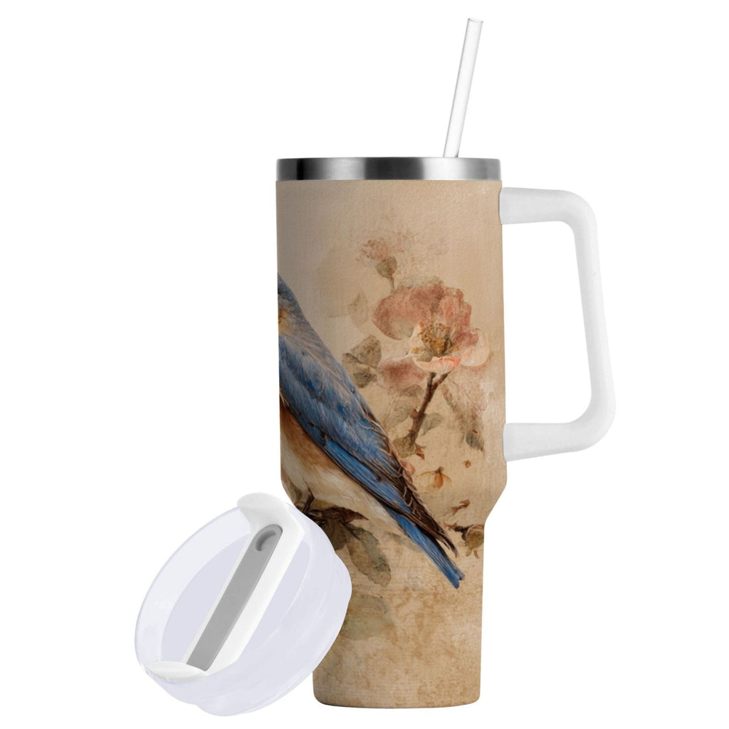 40 oz Insulated Stainless Steel Tumbler Double Wall Stainless Steel Tumbler with 2-Way Drinking Bluebird and Ancient Flowers C574Z