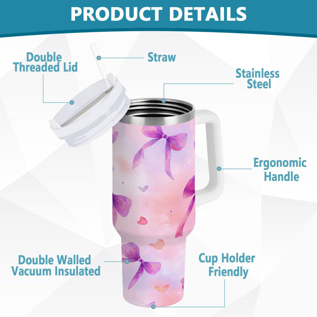 30 oz Insulated Stainless Steel Tumbler Double Wall Stainless Steel Tumbler with 2-Way Drinking Watercolor Purple Bows C591J