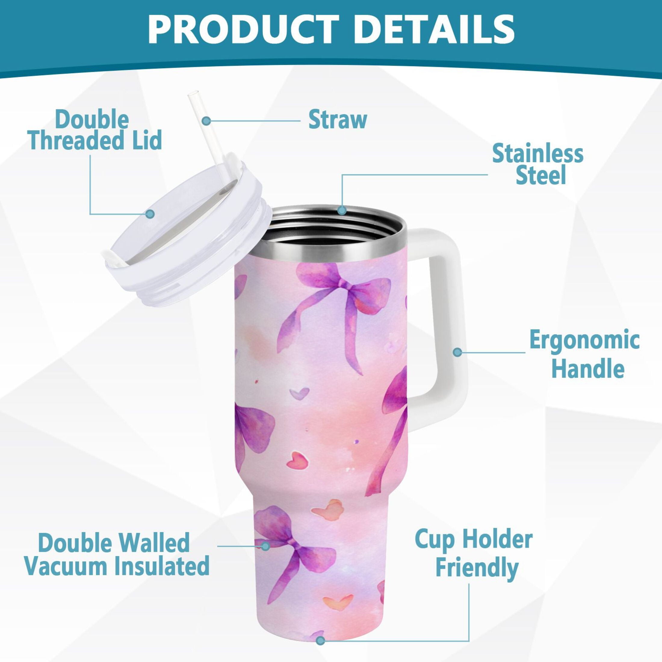 30 oz Insulated Stainless Steel Tumbler Double Wall Stainless Steel Tumbler with 2-Way Drinking Watercolor Purple Bows C591J