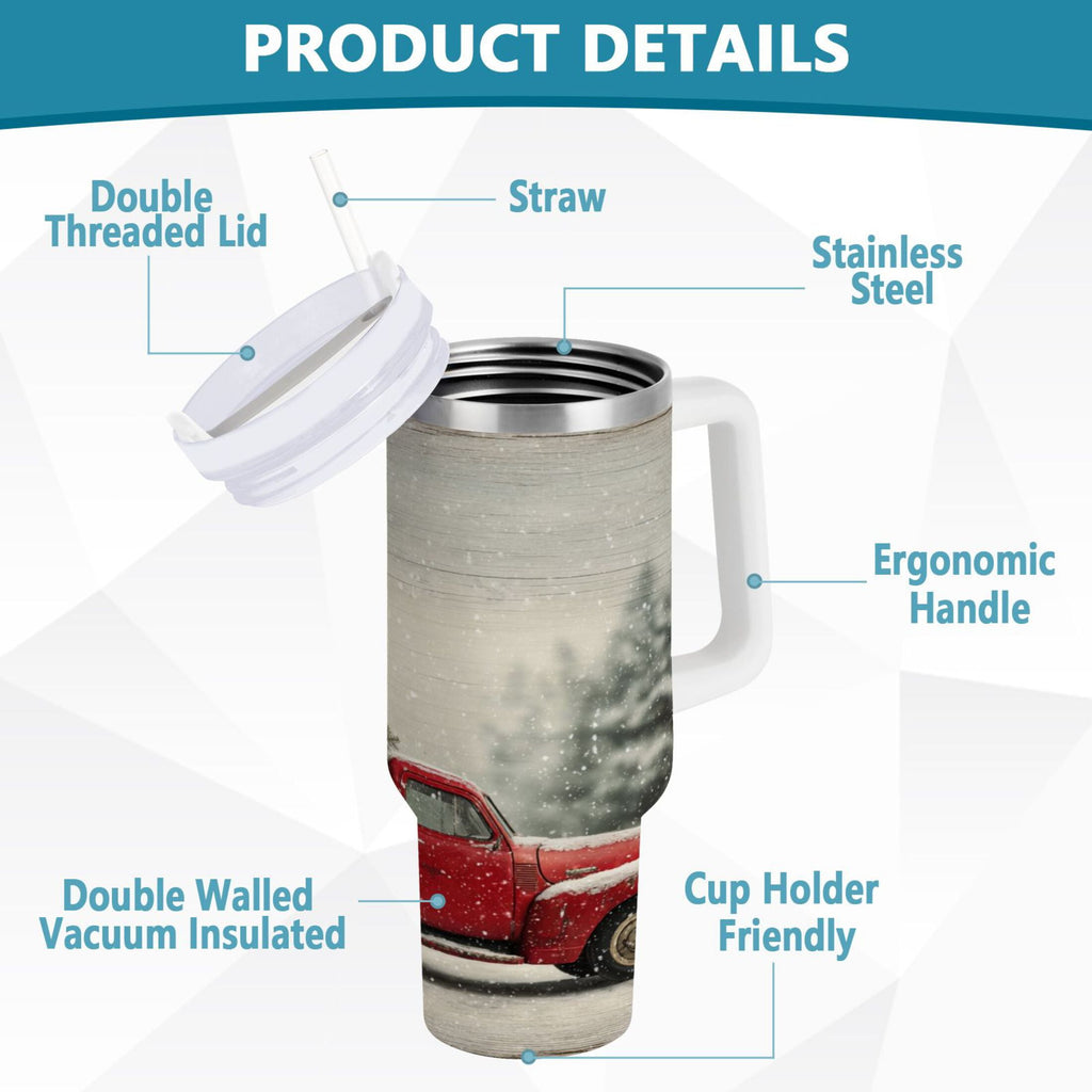 40 oz Insulated Stainless Steel Tumbler Double Wall Stainless Steel Tumbler with 2-Way Drinking Vintage Red Truck C631V