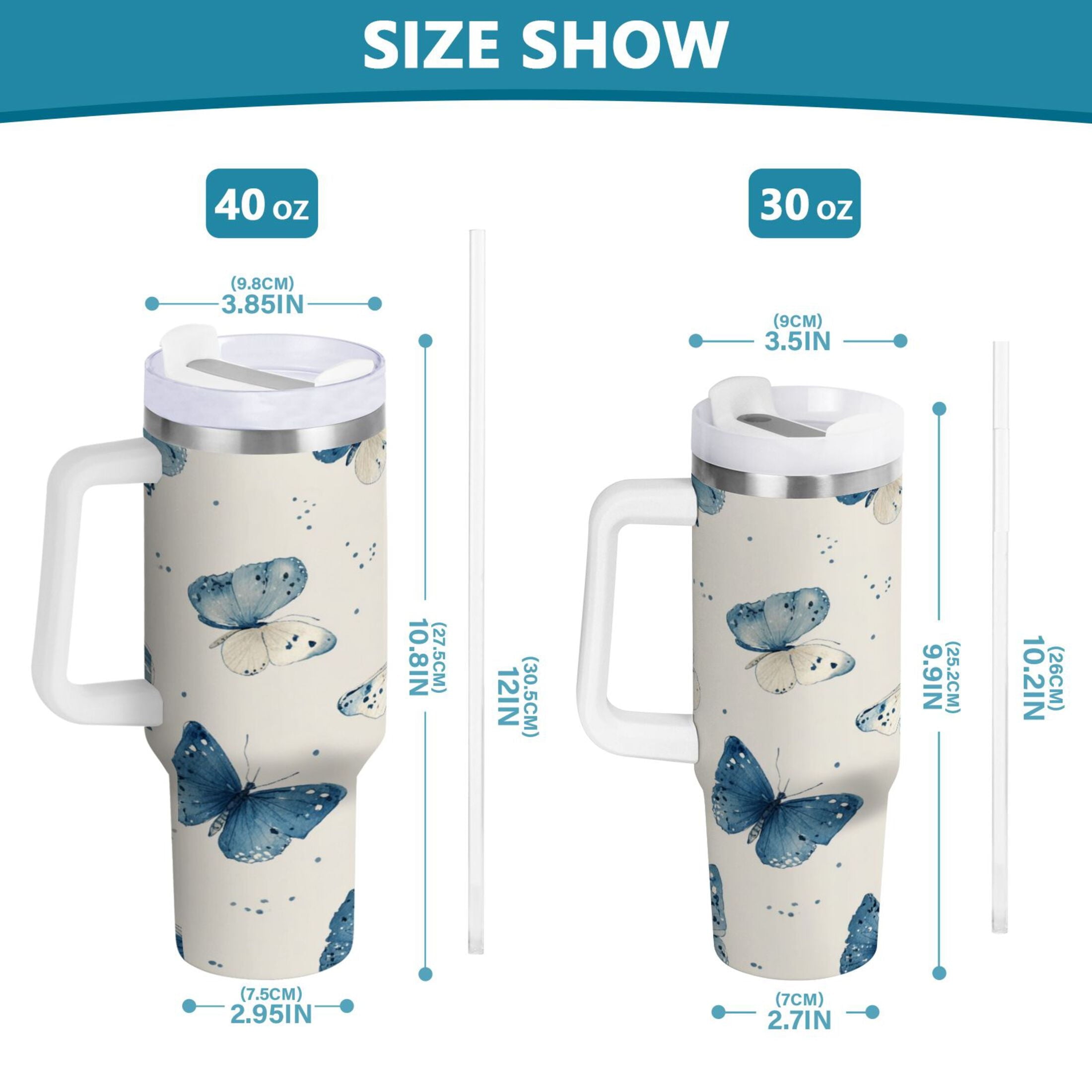 30 oz Insulated Stainless Steel Tumbler Double Wall Stainless Steel Tumbler with 2-Way Drinking Blue Watercolor Butterflies C572C